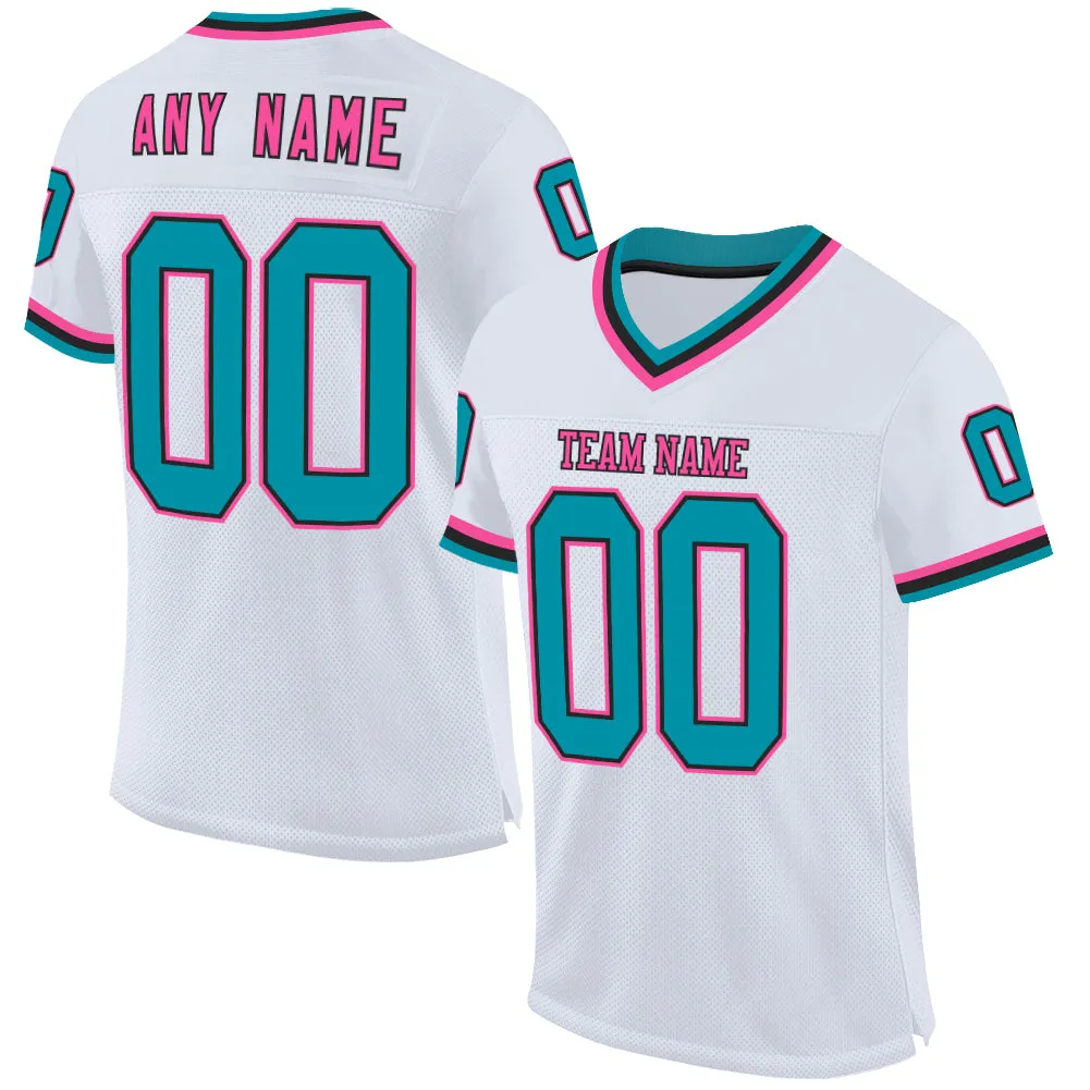 Custom White Teal Black-Pink Mesh Authentic Throwback Football Jersey FansIdea