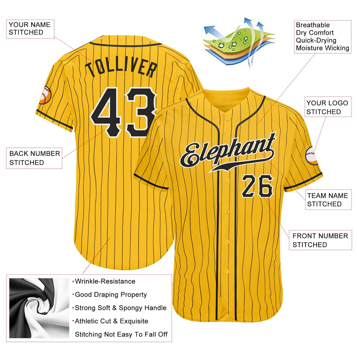 Custom Yellow Black Pinstripe Black-White Authentic Baseball Jersey FansIdea