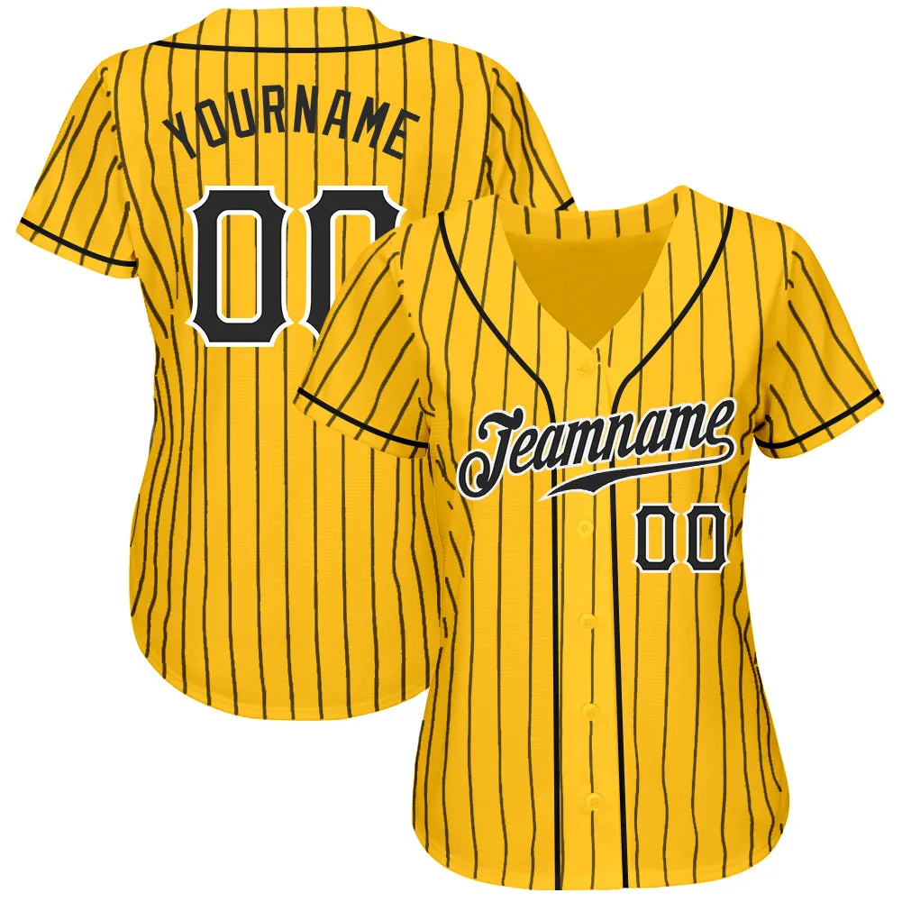 Custom Yellow Black Pinstripe Black-White Authentic Baseball Jersey FansIdea