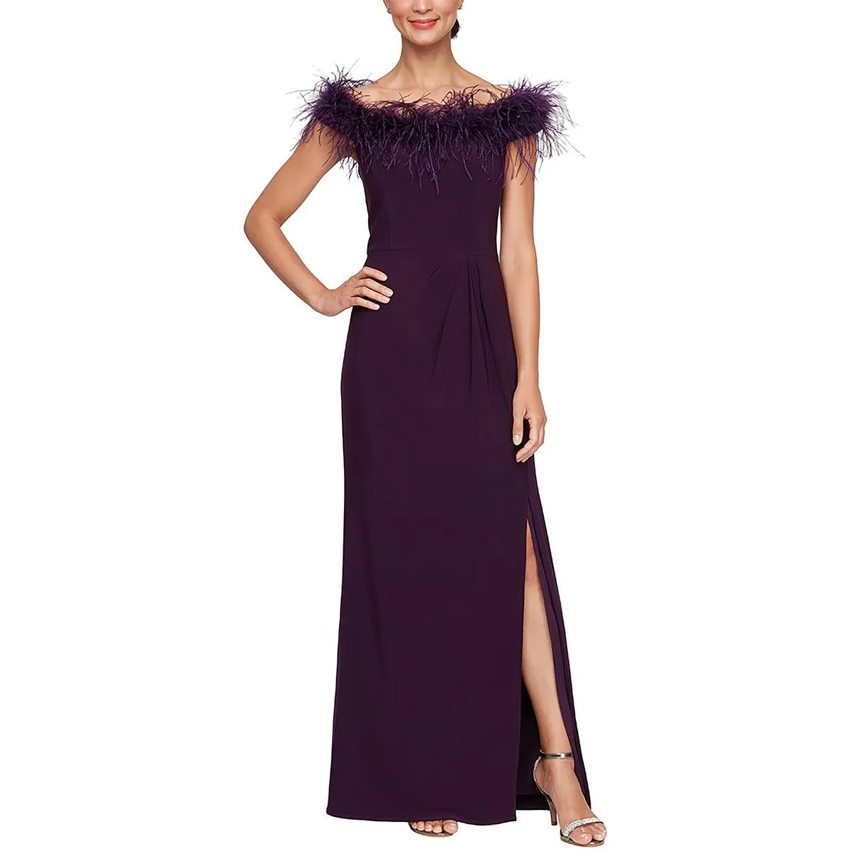 Customer Favorite Womens Faux Feather Trim Long Evening Dress  Limited Availability!