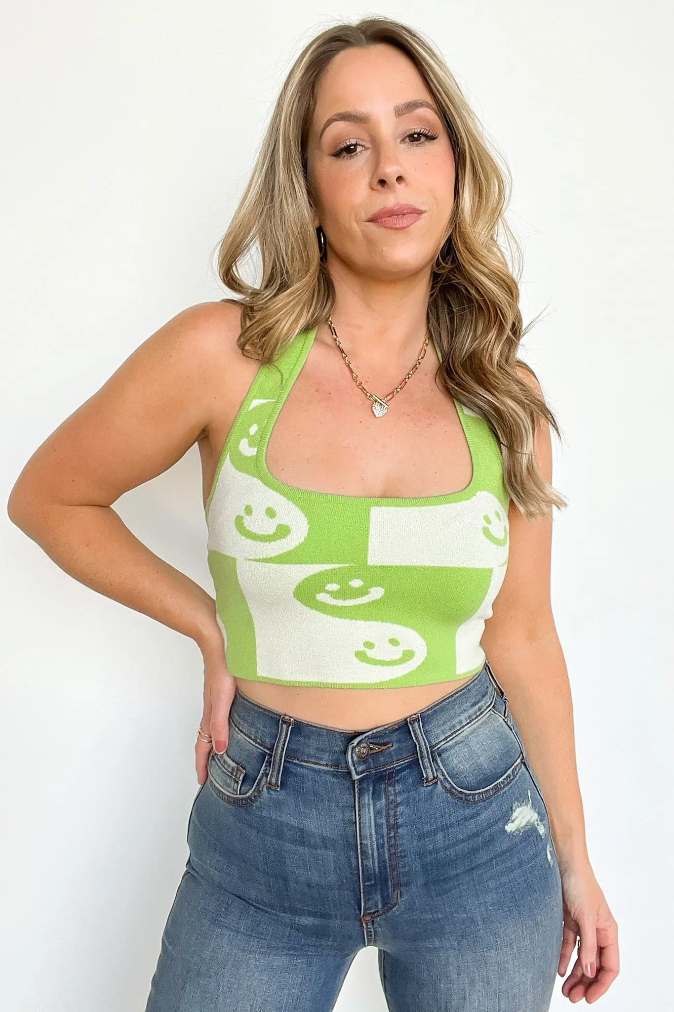 Cute to the Max Smiley Face Knit Halter Top - FINAL SALE