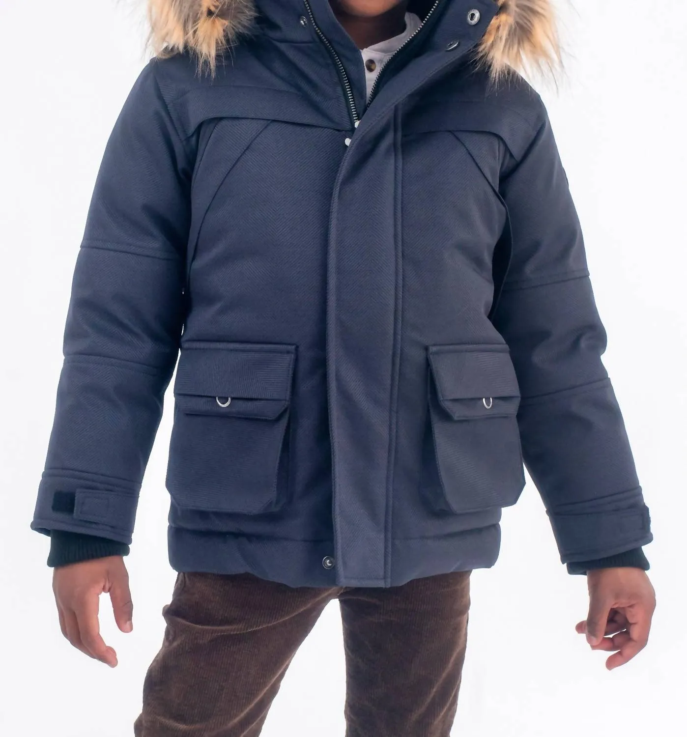 Denali Down Boys Coat In Navy Herringbone