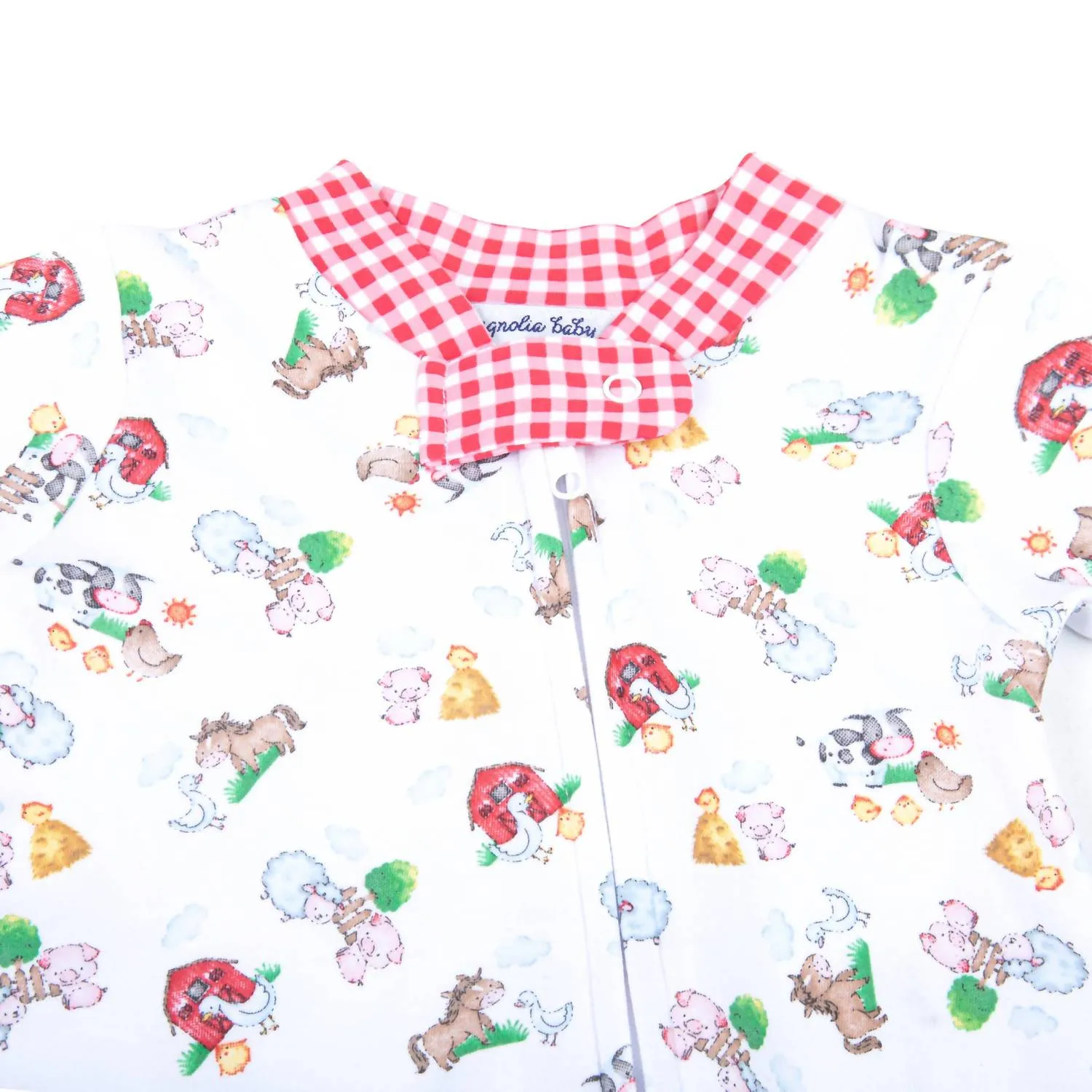 Down On The Farm Printed Zipper Footie In Red