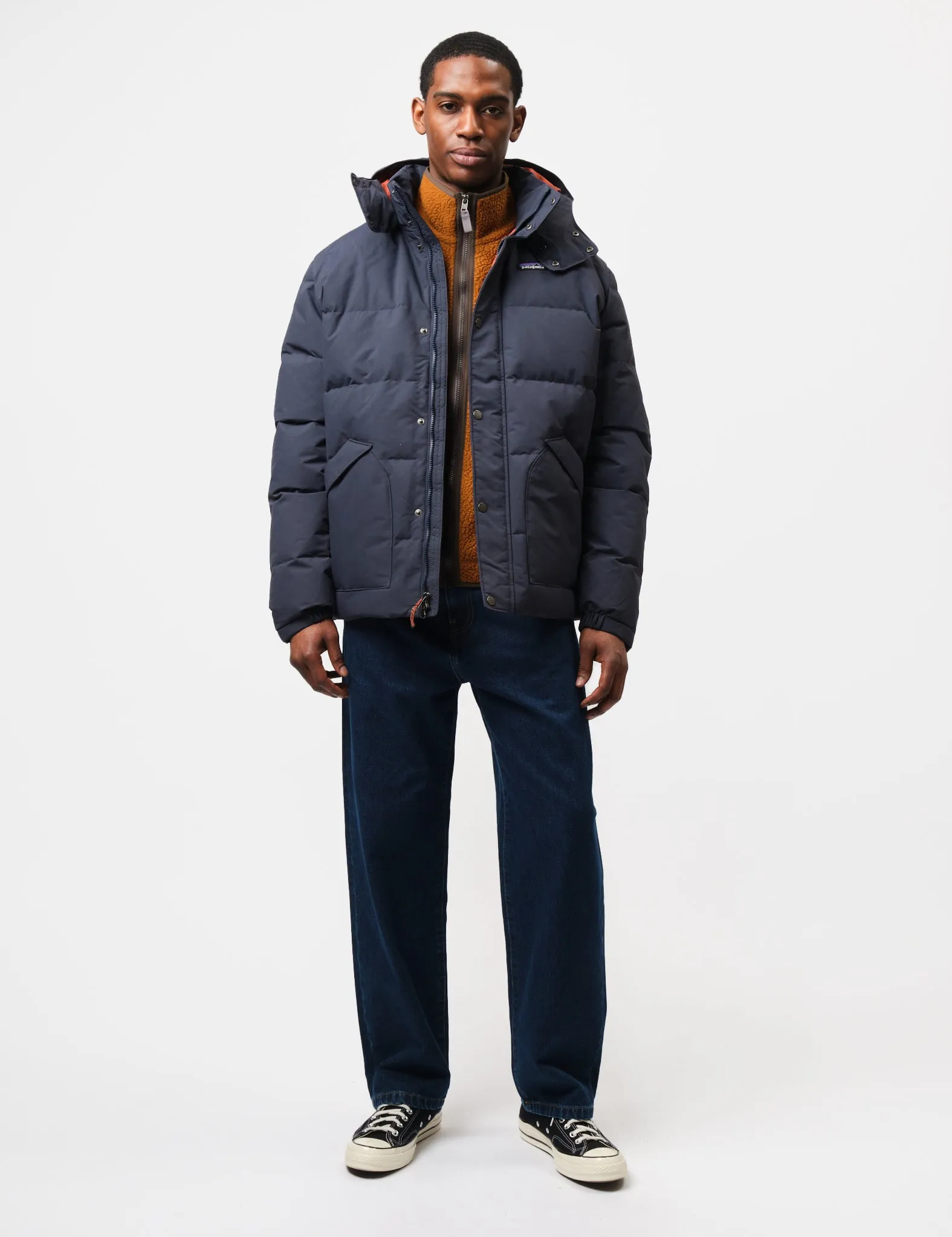 Editors Choice Patagonia Downdrift Jacket - Smolder Blue w/Burnished Red  Going Fast!