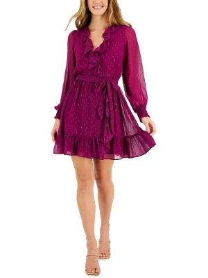 Editors Choice Petites Womens Ruffled Mini Fit & Flare Dress  Ends Soon!