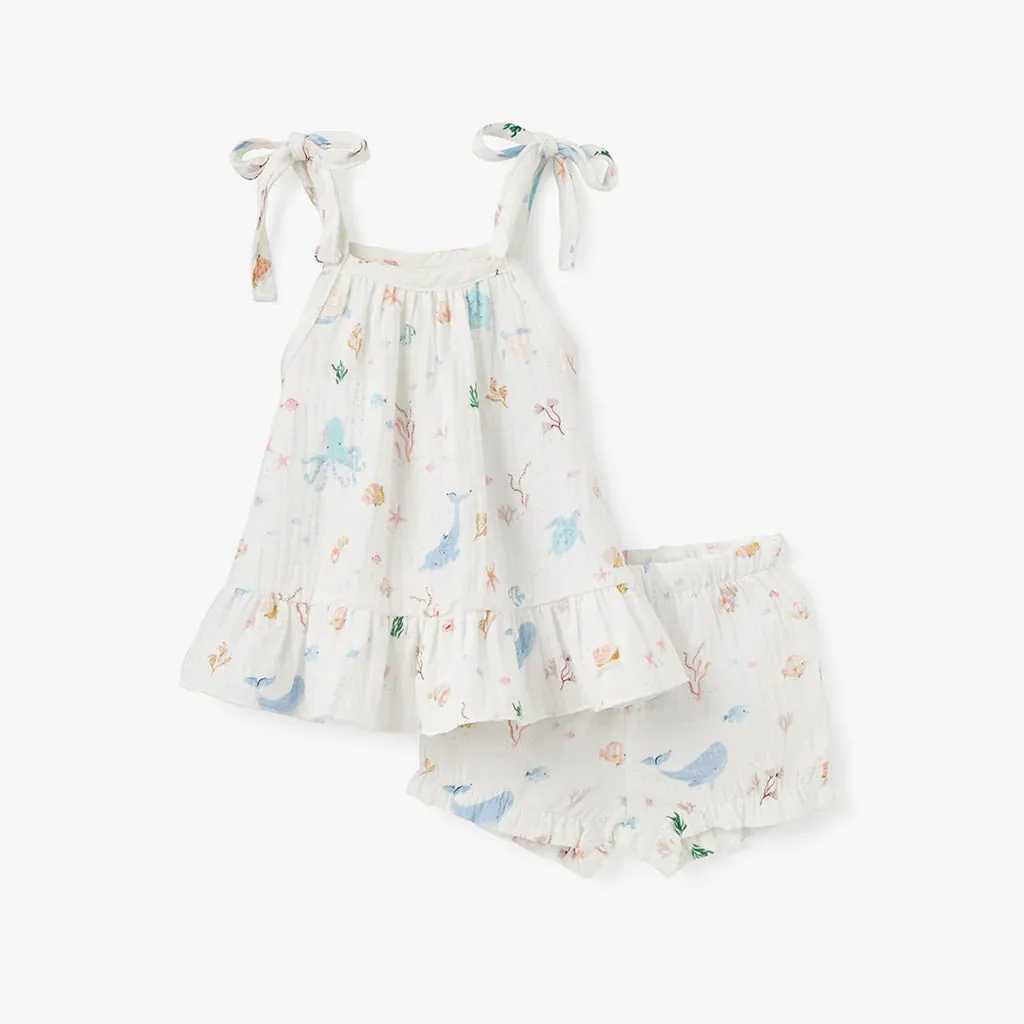 Elegant Baby Ocean Adventure Organic Muslin Tie Top Set - White