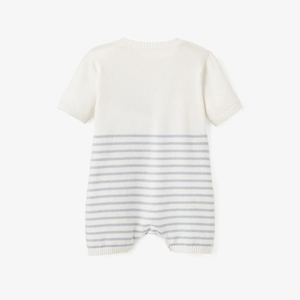 Elegant Baby Whale Striped Knit Shortall Romper - Blue