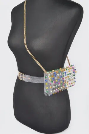 FASHNZFAB Women's Rhinestone Clear Belt Bag W/chain