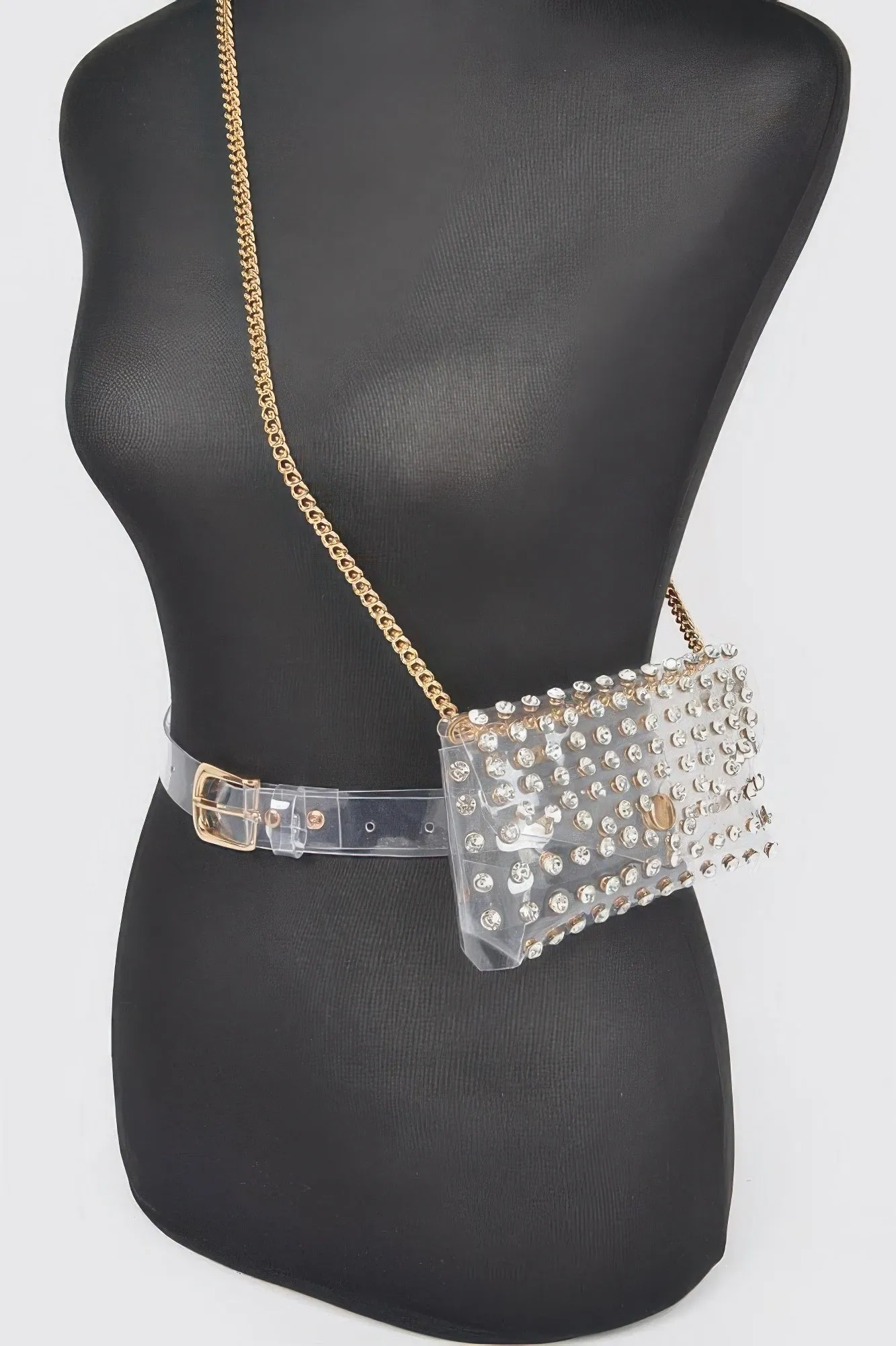 FASHNZFAB Women's Rhinestone Clear Belt Bag W/chain