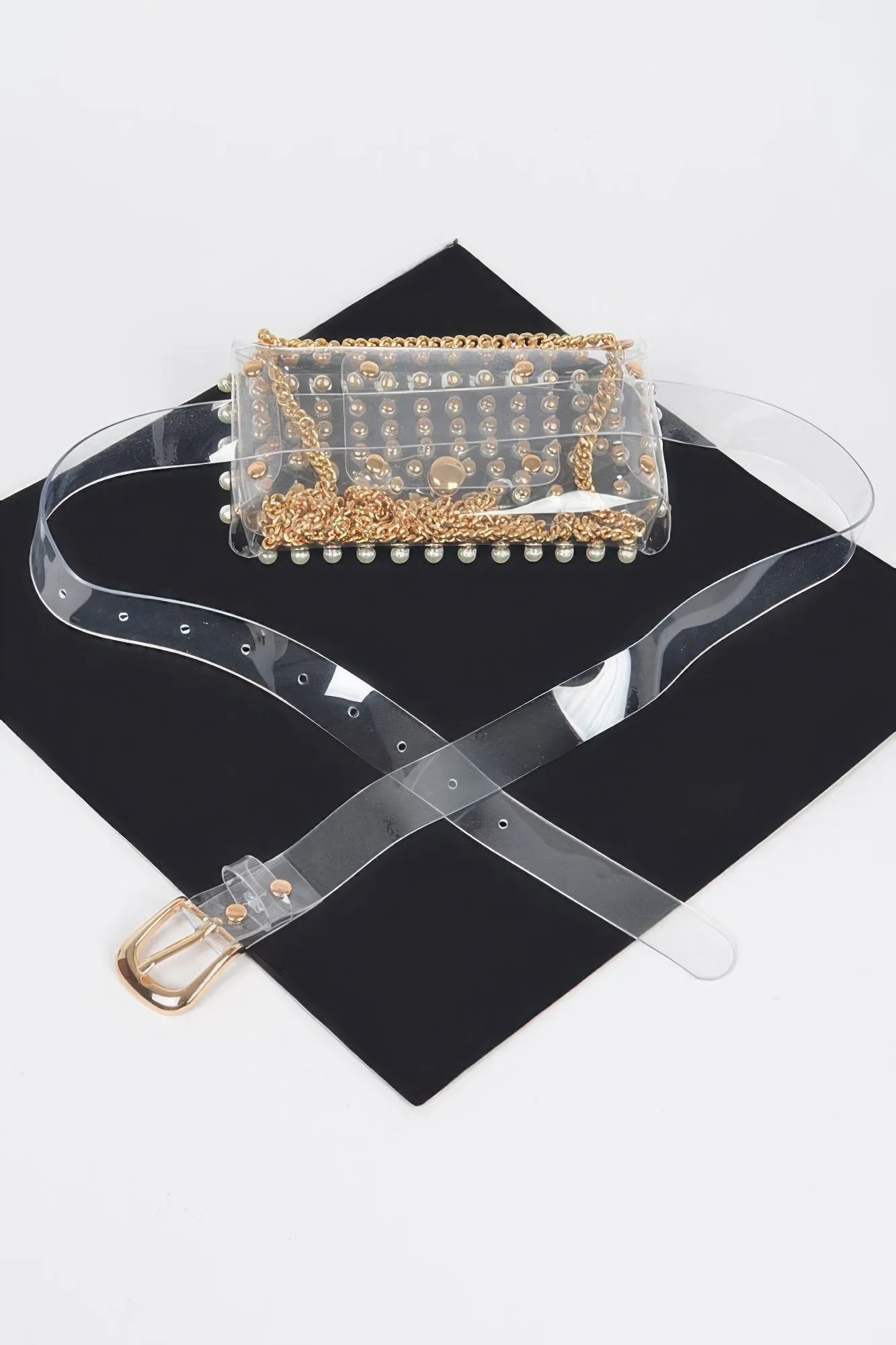 FASHNZFAB Women's Rhinestone Clear Belt Bag W/chain