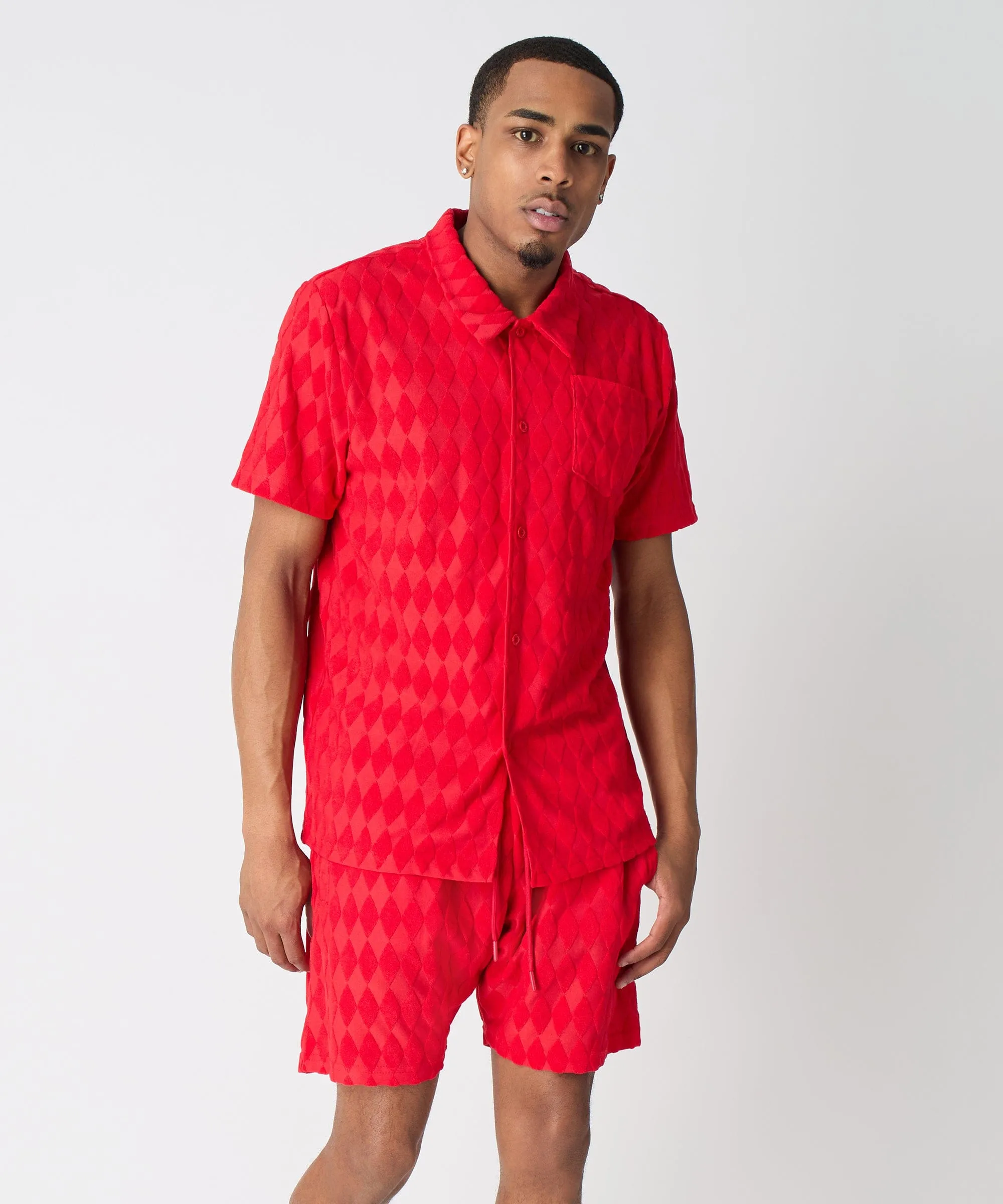 Final Few Diamond Plate Towel Color Blocked Short Sleeve Button Down Shirt - Red  Last Chance!