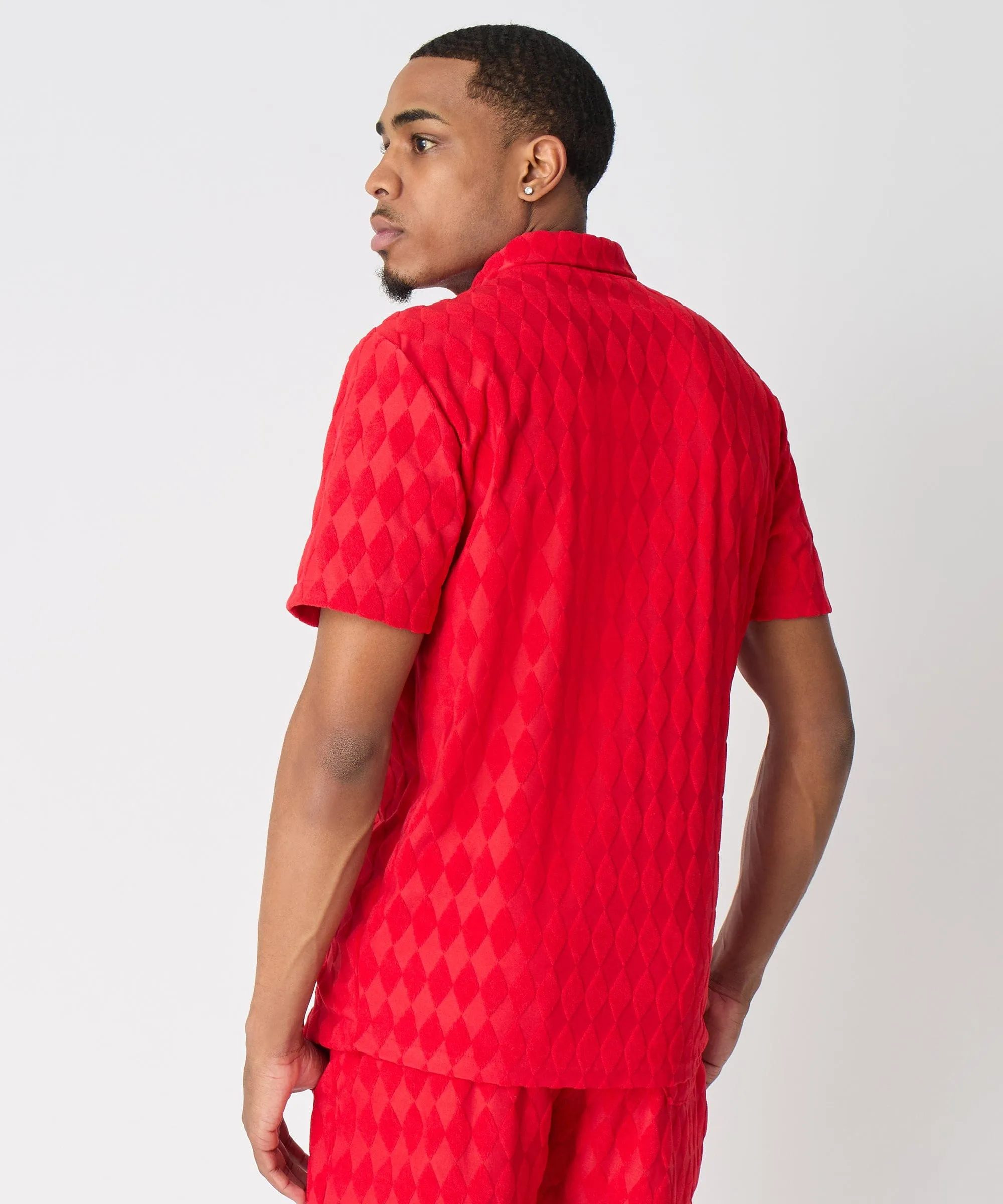 Final Few Diamond Plate Towel Color Blocked Short Sleeve Button Down Shirt - Red  Last Chance!
