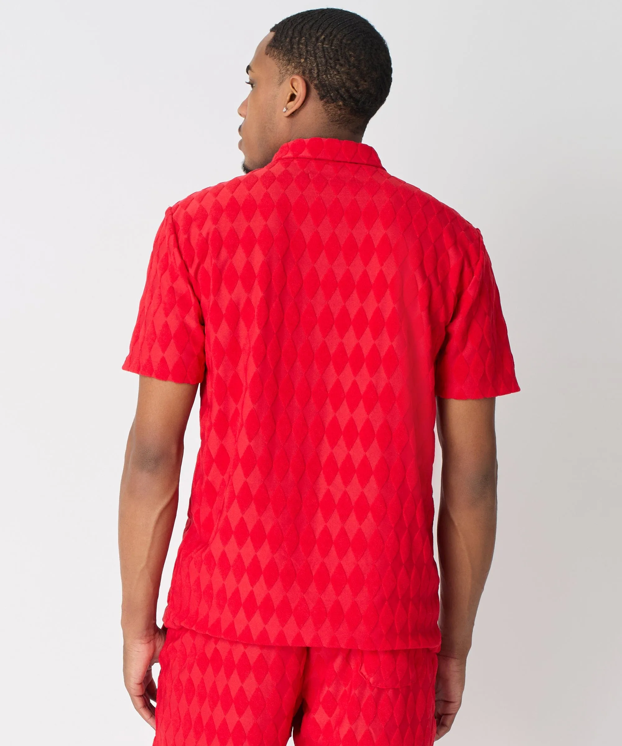 Final Few Diamond Plate Towel Color Blocked Short Sleeve Button Down Shirt - Red  Last Chance!