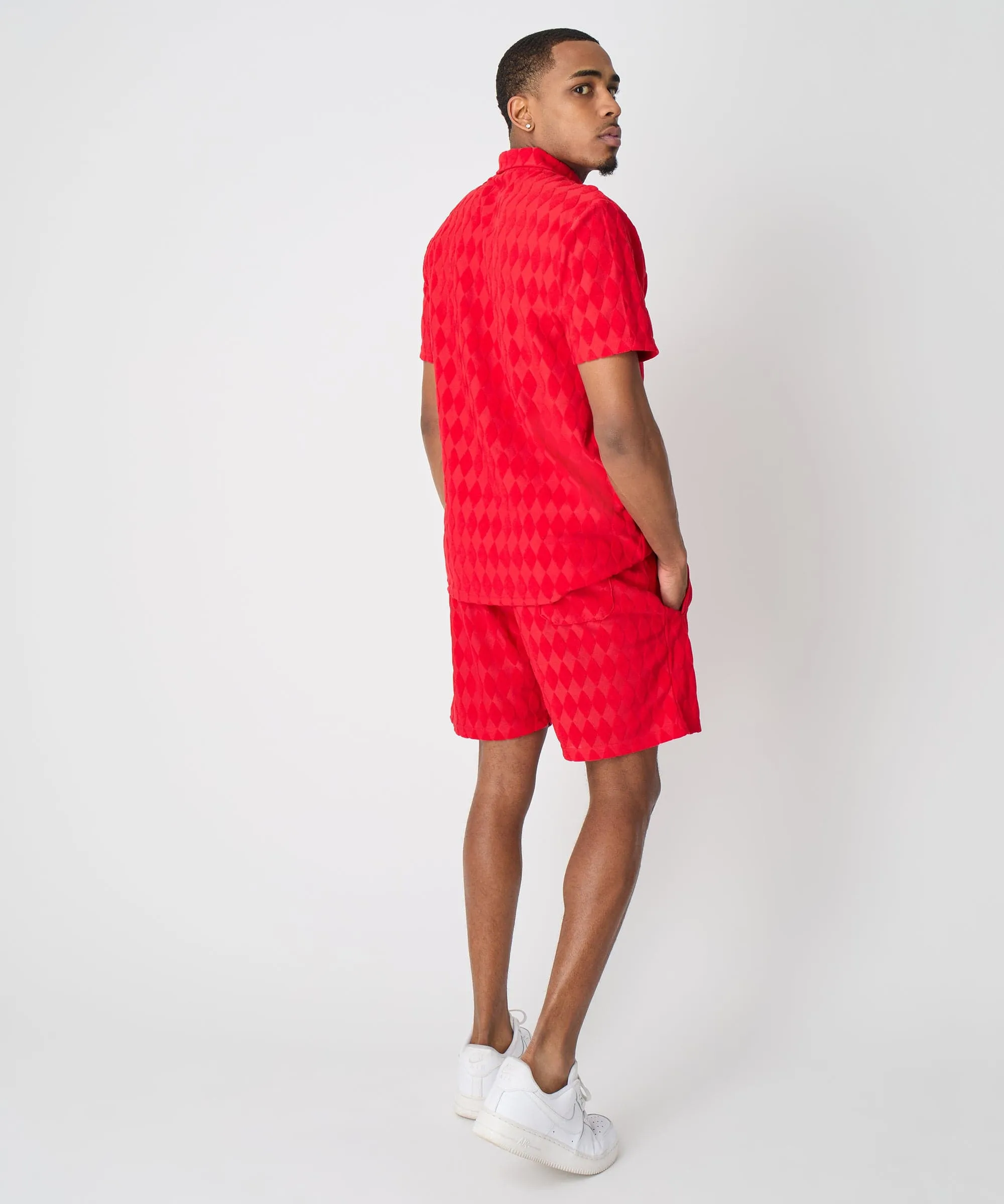 Final Few Diamond Plate Towel Color Blocked Short Sleeve Button Down Shirt - Red  Last Chance!