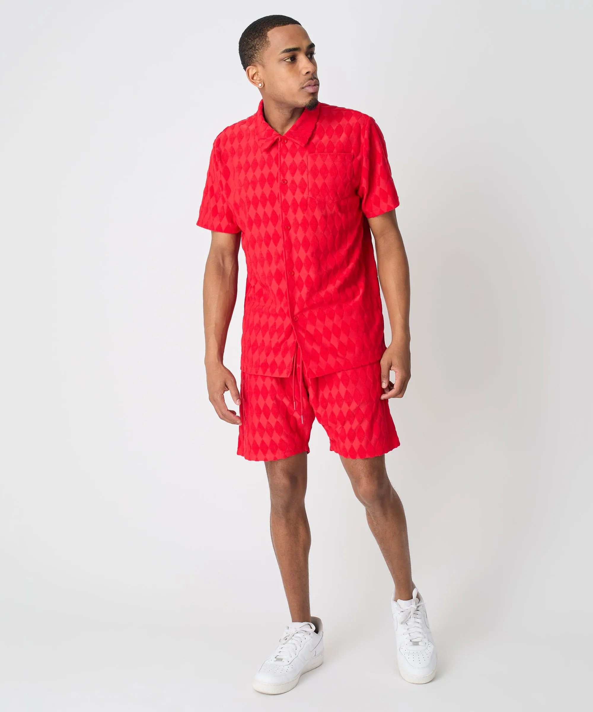 Final Few Diamond Plate Towel Color Blocked Short Sleeve Button Down Shirt - Red  Last Chance!