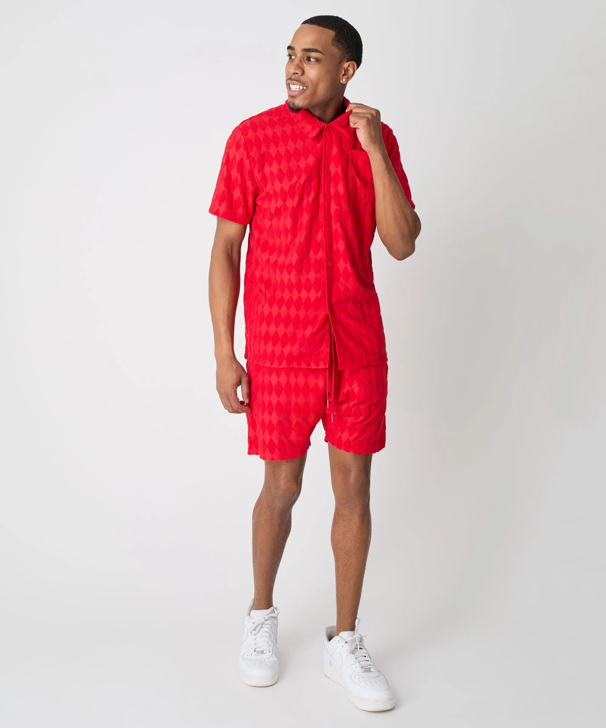 Final Few Diamond Plate Towel Color Blocked Short Sleeve Button Down Shirt - Red  Last Chance!