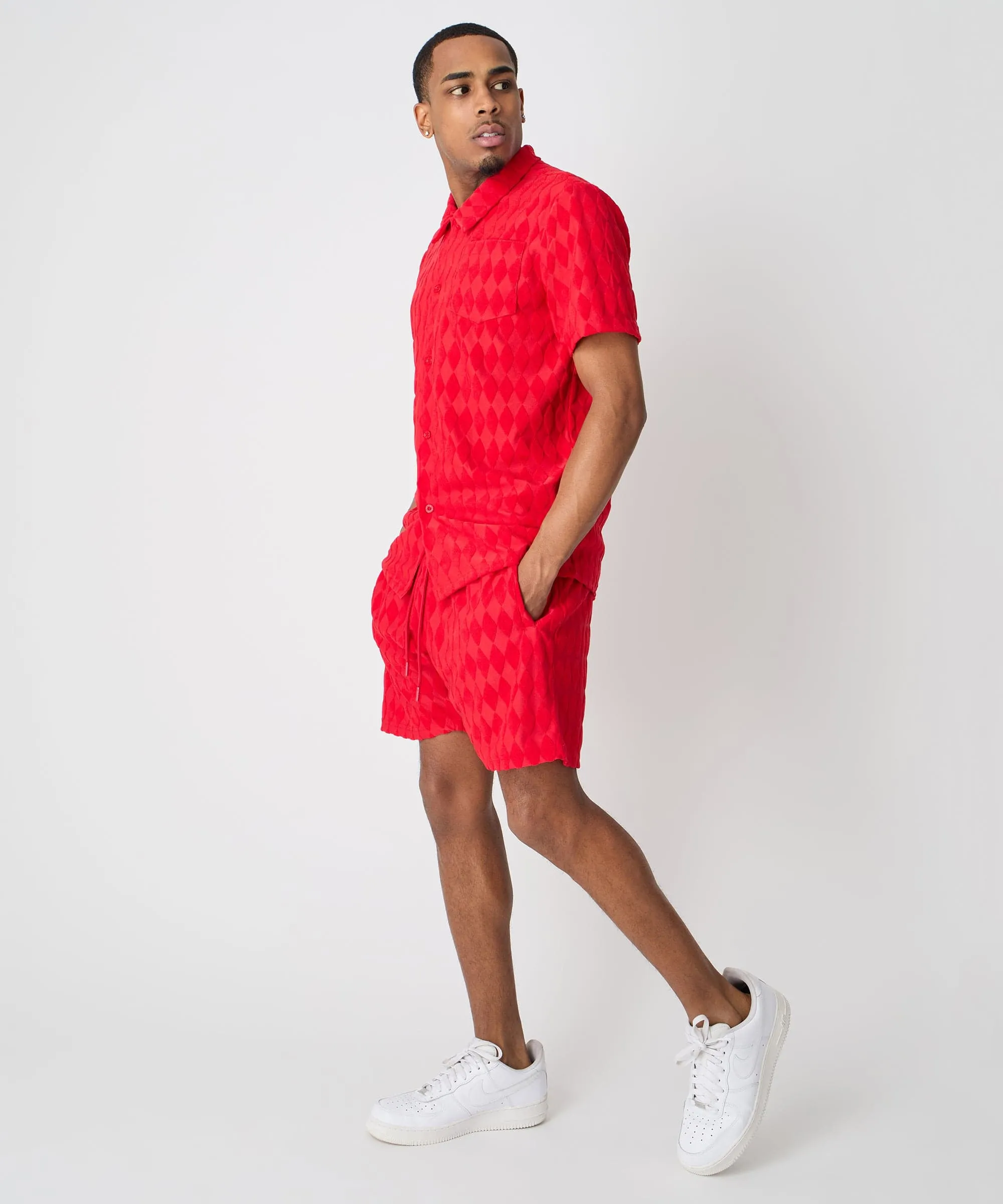 Final Few Diamond Plate Towel Color Blocked Short Sleeve Button Down Shirt - Red  Last Chance!