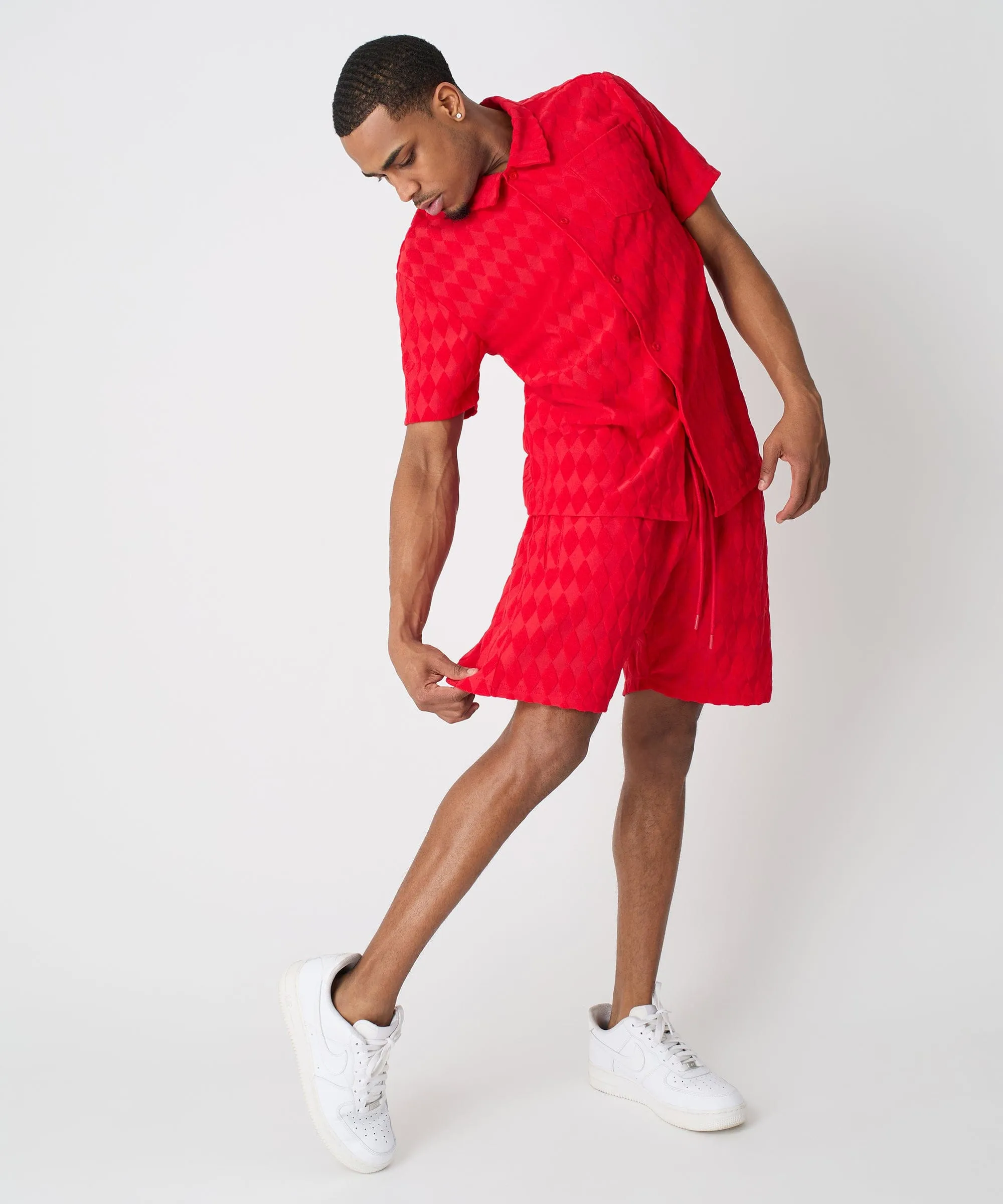 Final Few Diamond Plate Towel Color Blocked Short Sleeve Button Down Shirt - Red  Last Chance!