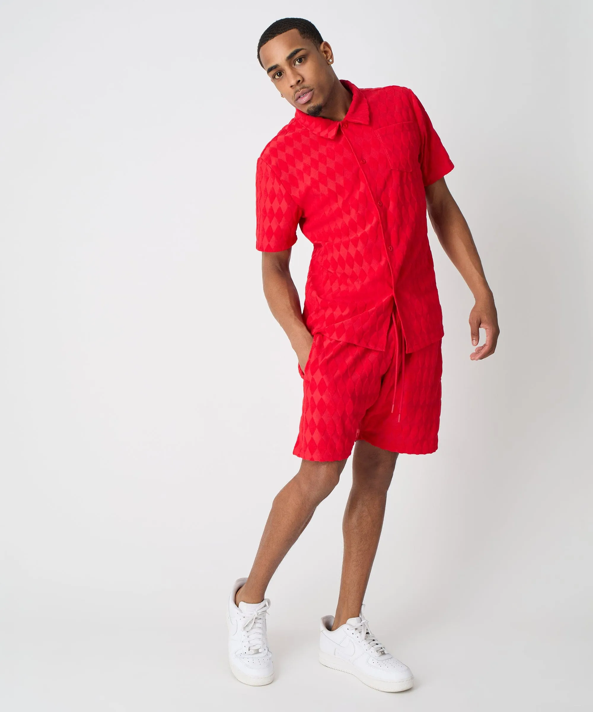 Final Few Diamond Plate Towel Color Blocked Short Sleeve Button Down Shirt - Red  Last Chance!