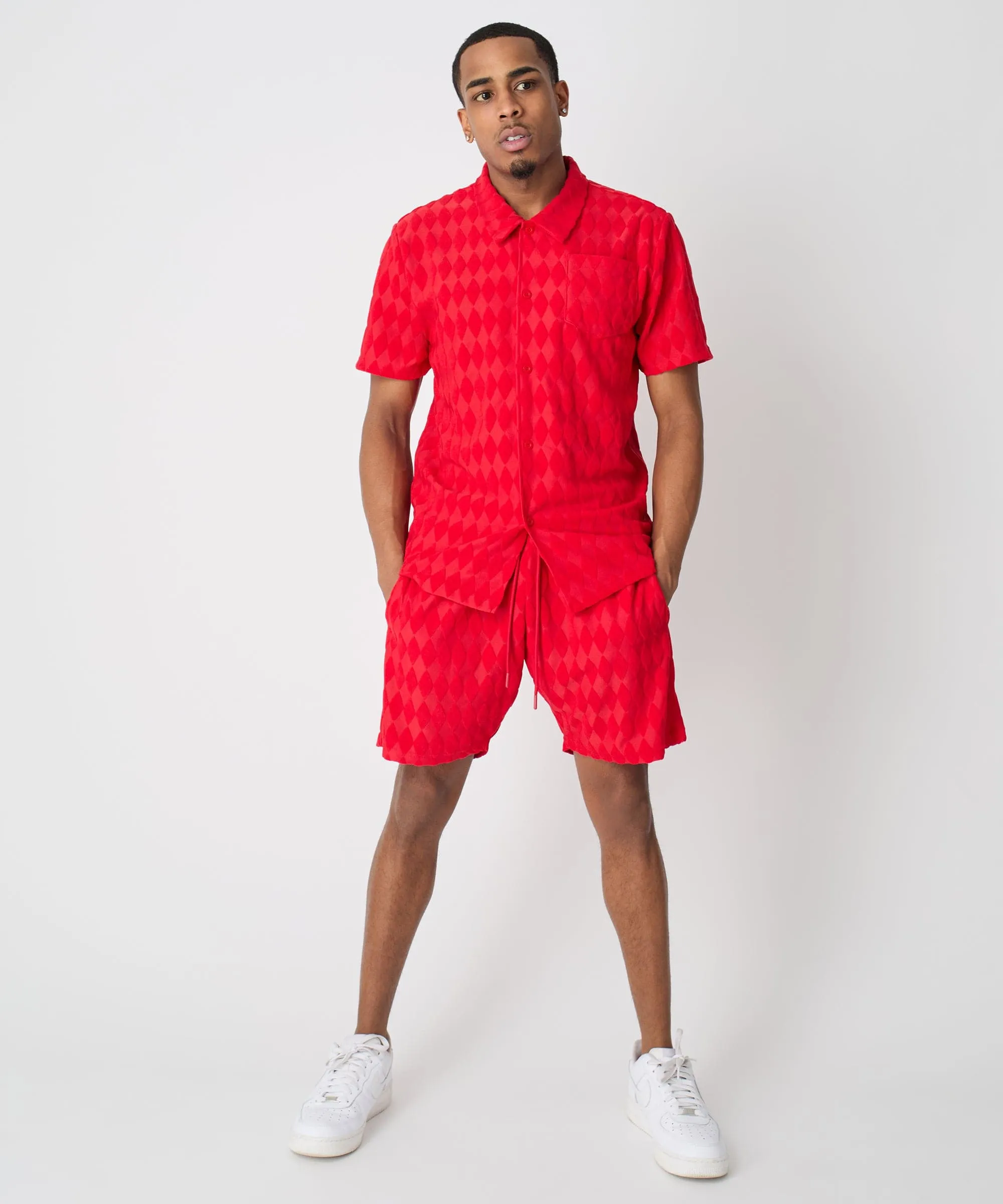 Final Few Diamond Plate Towel Color Blocked Short Sleeve Button Down Shirt - Red  Last Chance!