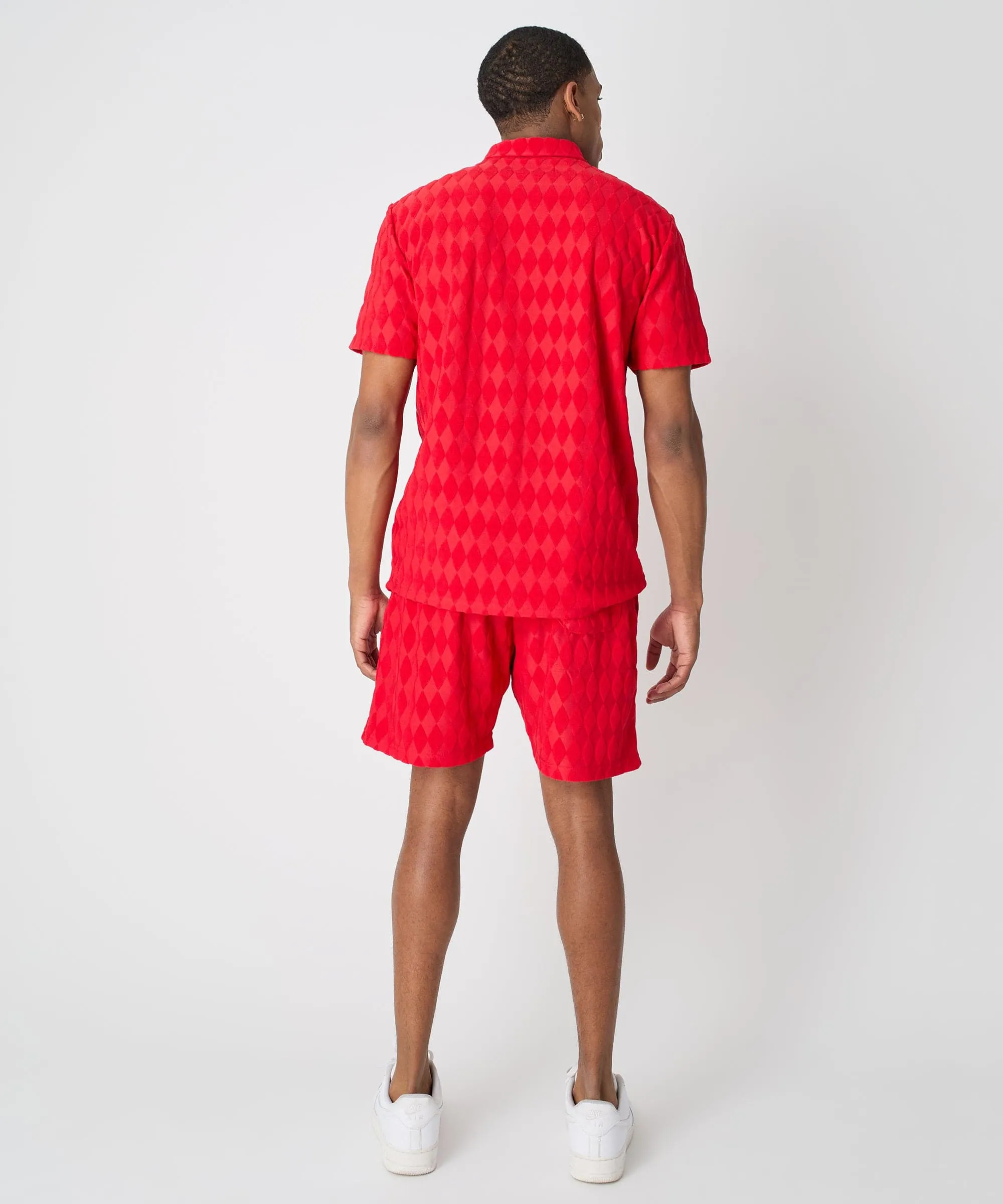 Final Few Diamond Plate Towel Color Blocked Short Sleeve Button Down Shirt - Red  Last Chance!
