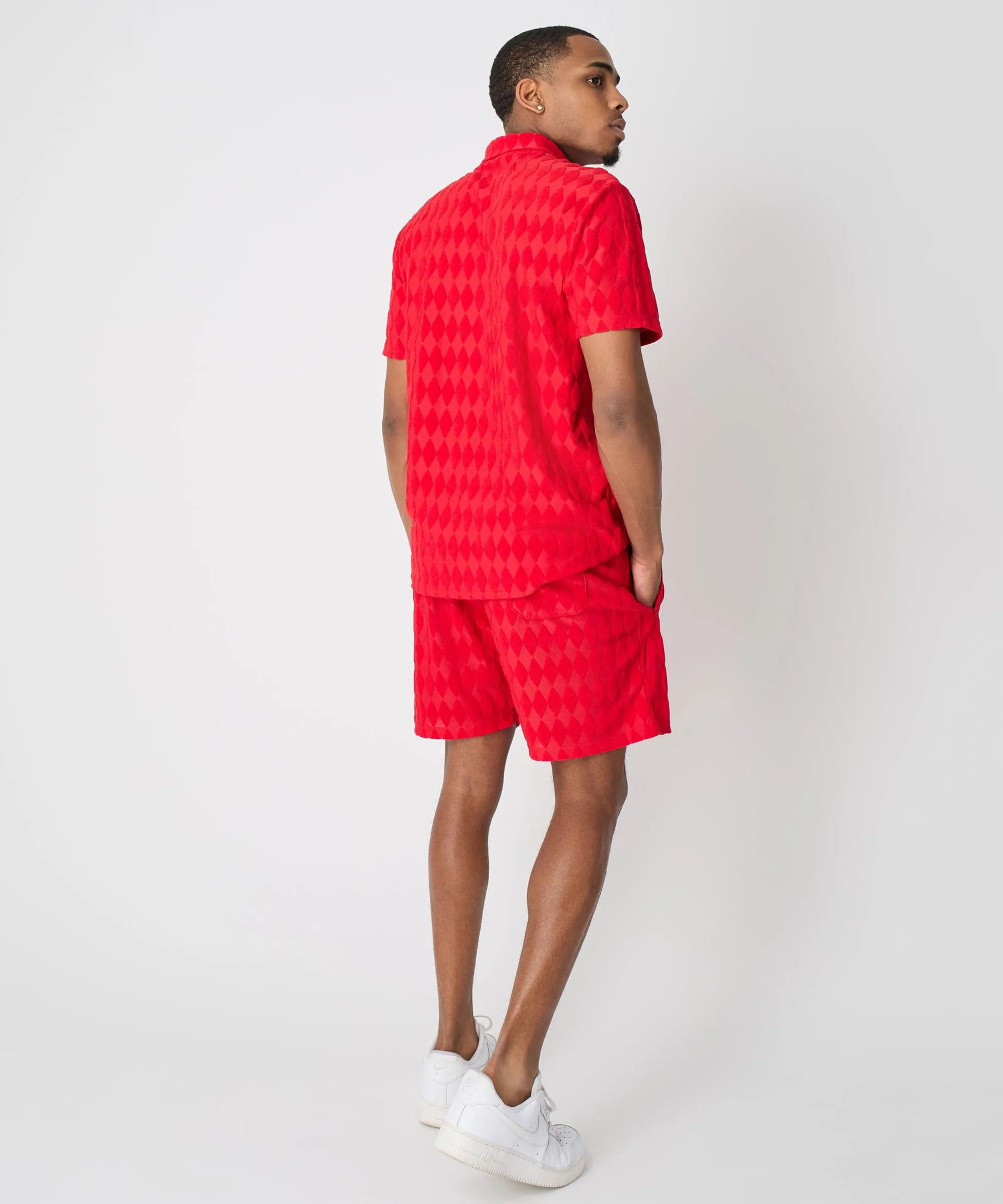 Final Few Diamond Plate Towel Color Blocked Short Sleeve Button Down Shirt - Red  Last Chance!