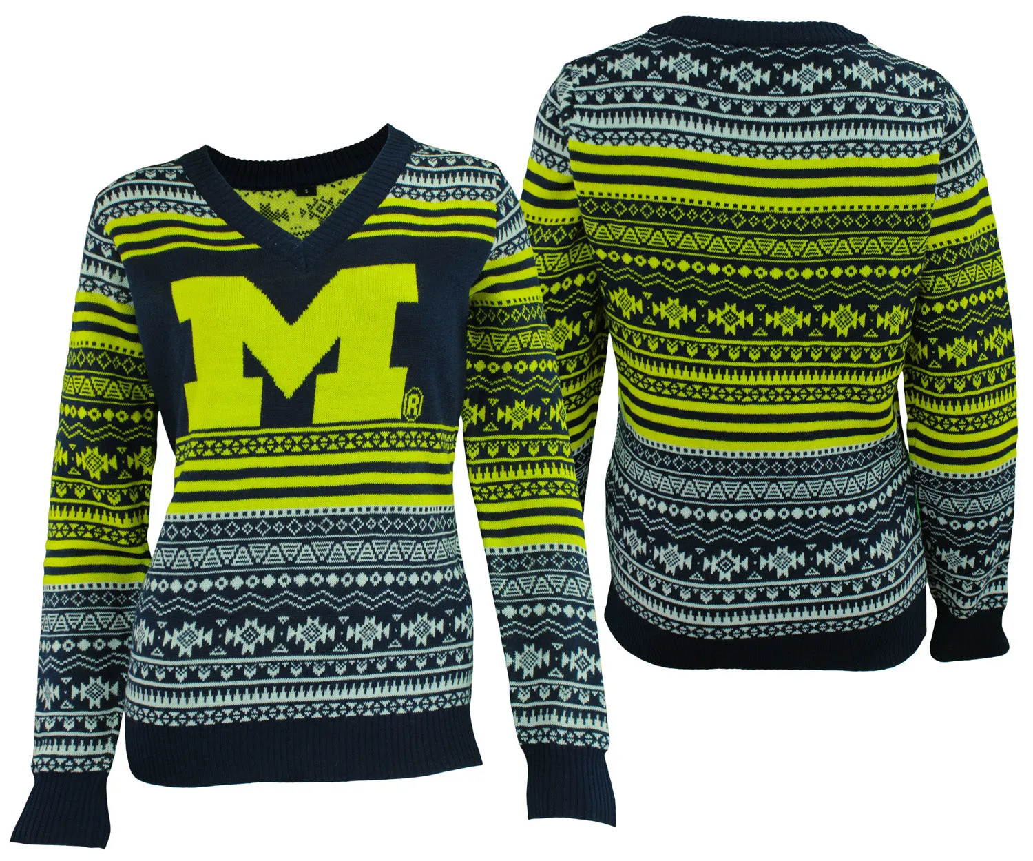 FOCO NCAA Women's Michigan Wolverines Big Logo Aztec V-Neck Sweater
