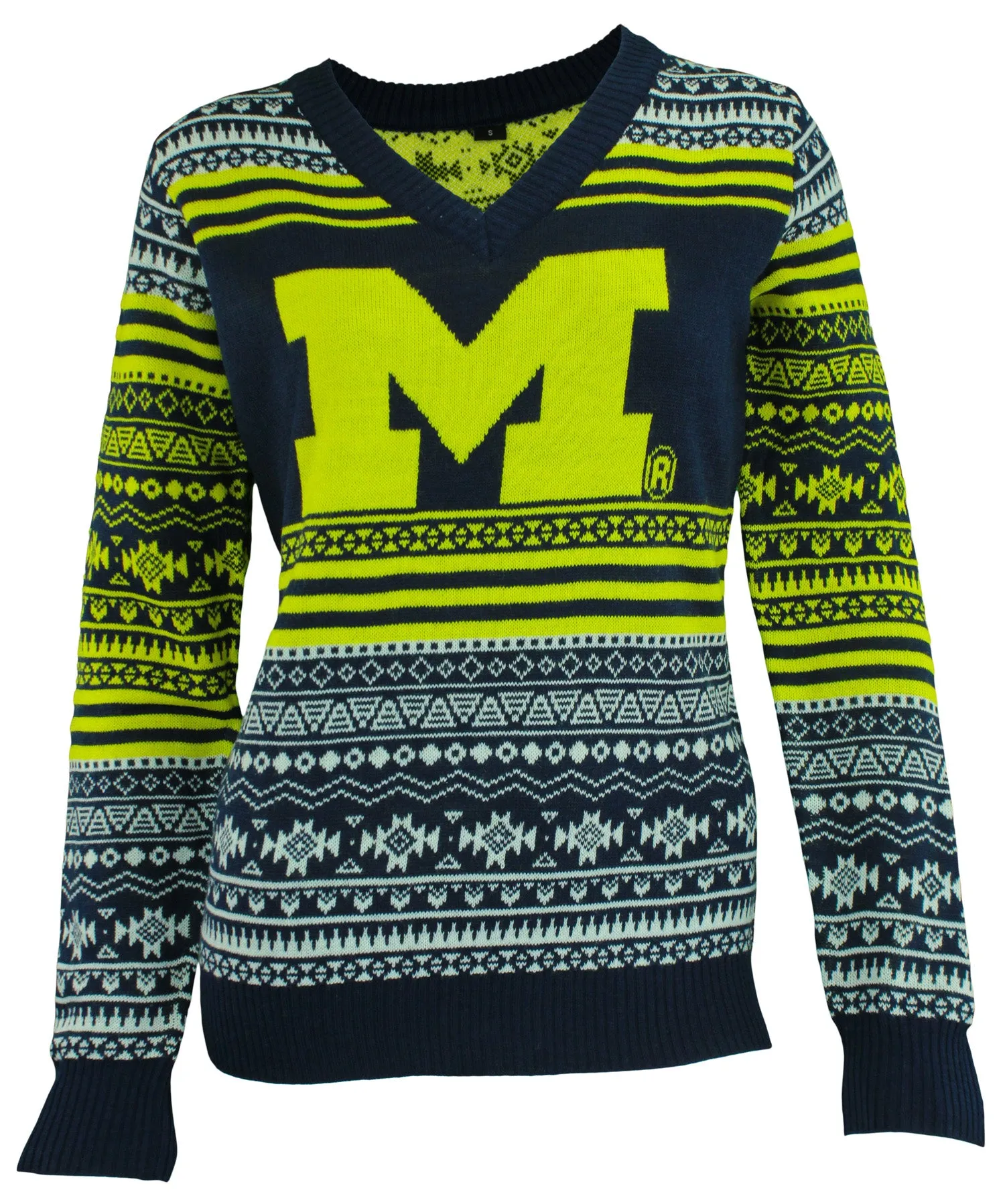 FOCO NCAA Women's Michigan Wolverines Big Logo Aztec V-Neck Sweater
