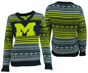 FOCO NCAA Women's Michigan Wolverines Big Logo Aztec V-Neck Sweater