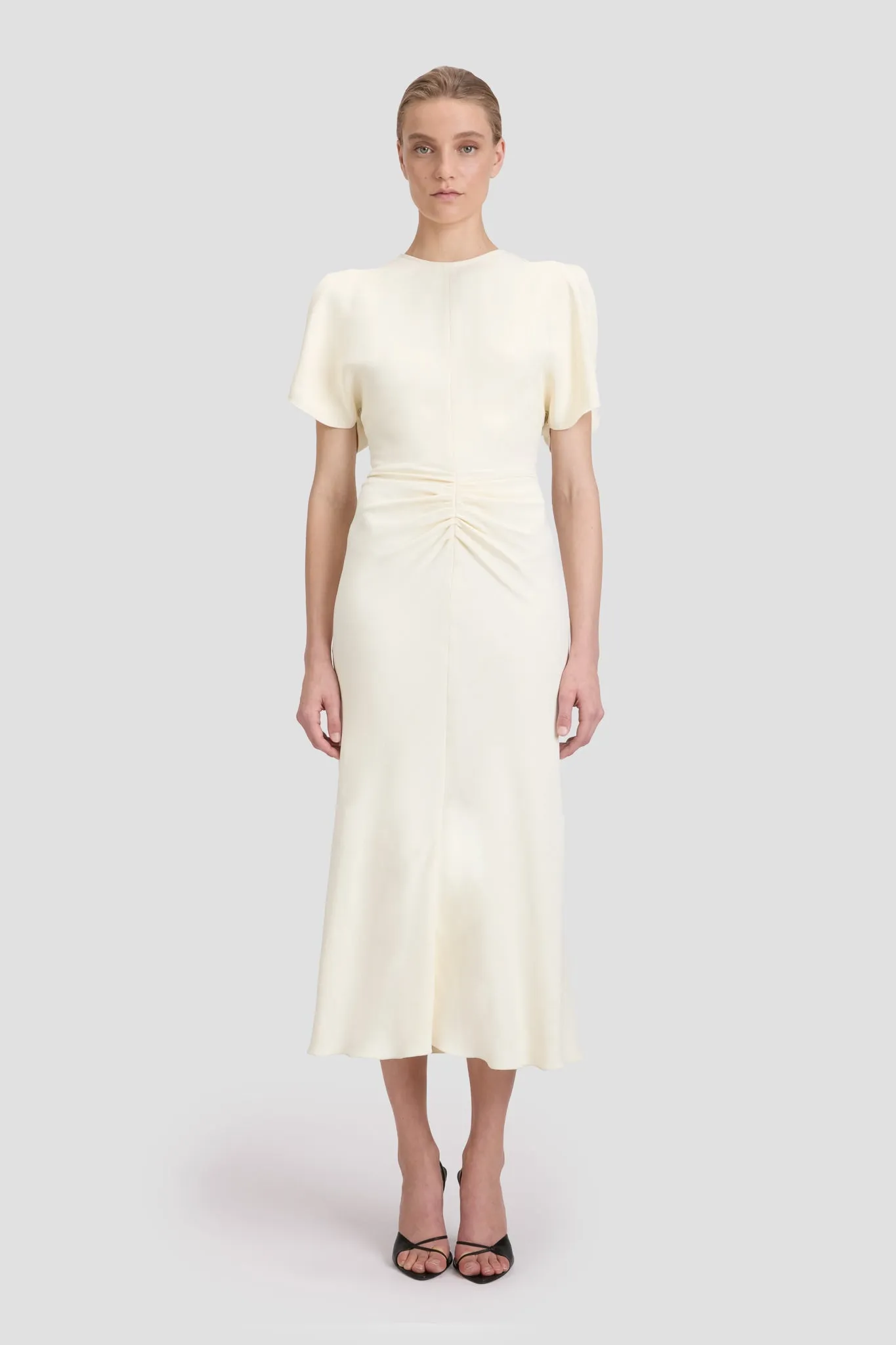 Gathered Waist Midi Dress In Ivory Victoria Beckham