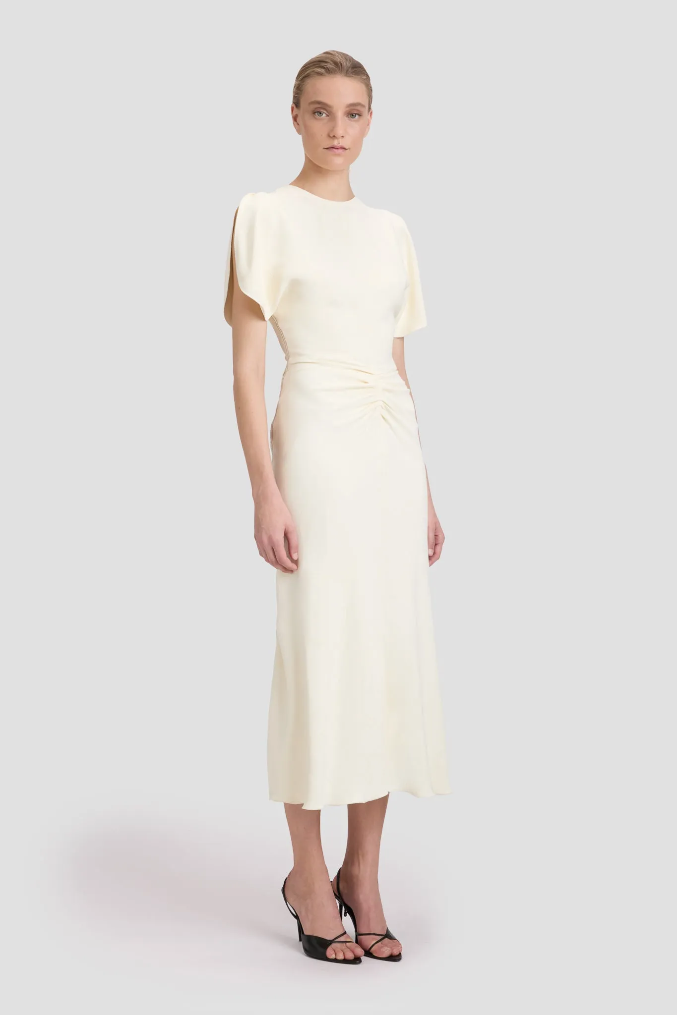 Gathered Waist Midi Dress In Ivory Victoria Beckham