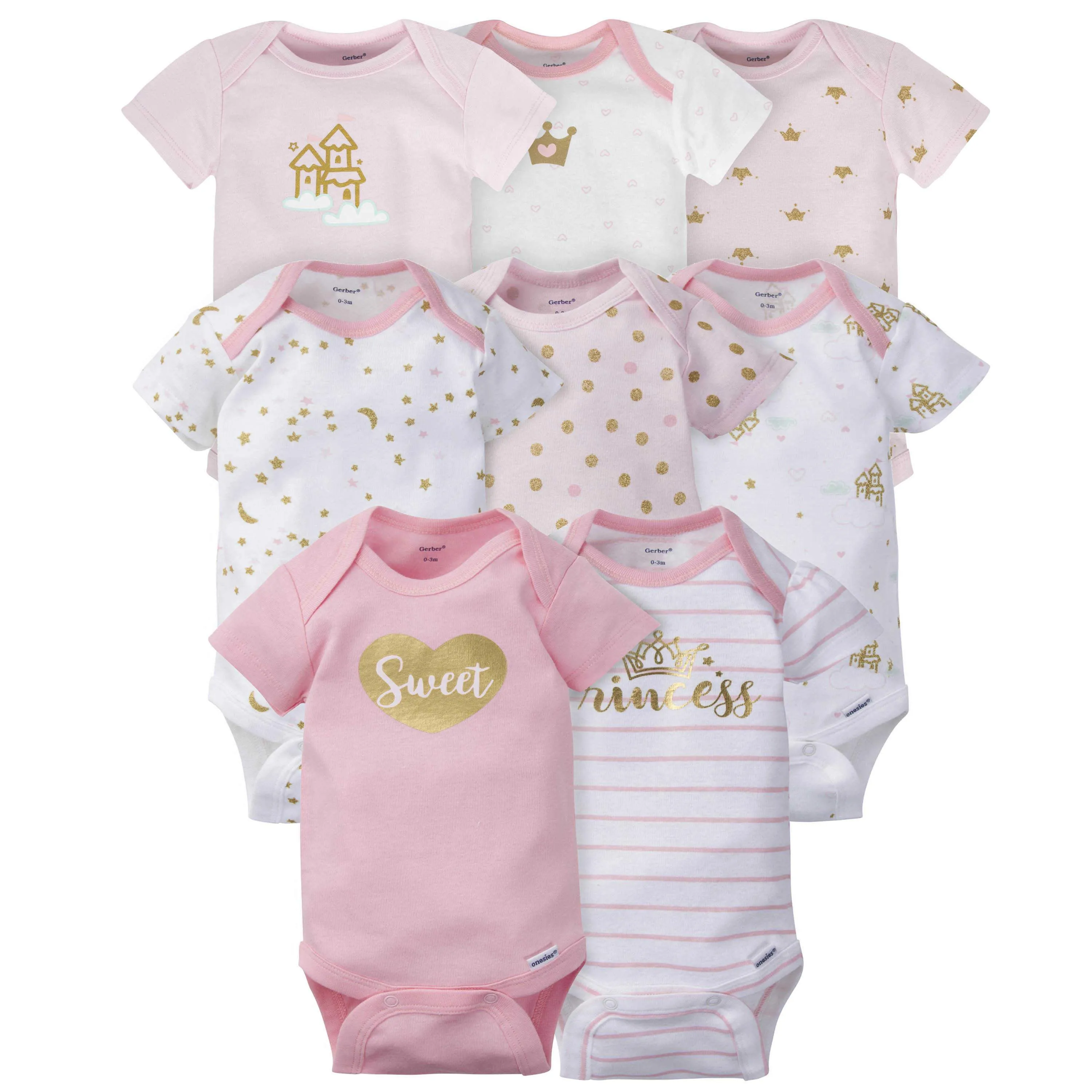 Gerber 8-pack Baby Girls' Castle Short Sleeve Onesies Bodysuits Gerber Childrenswea