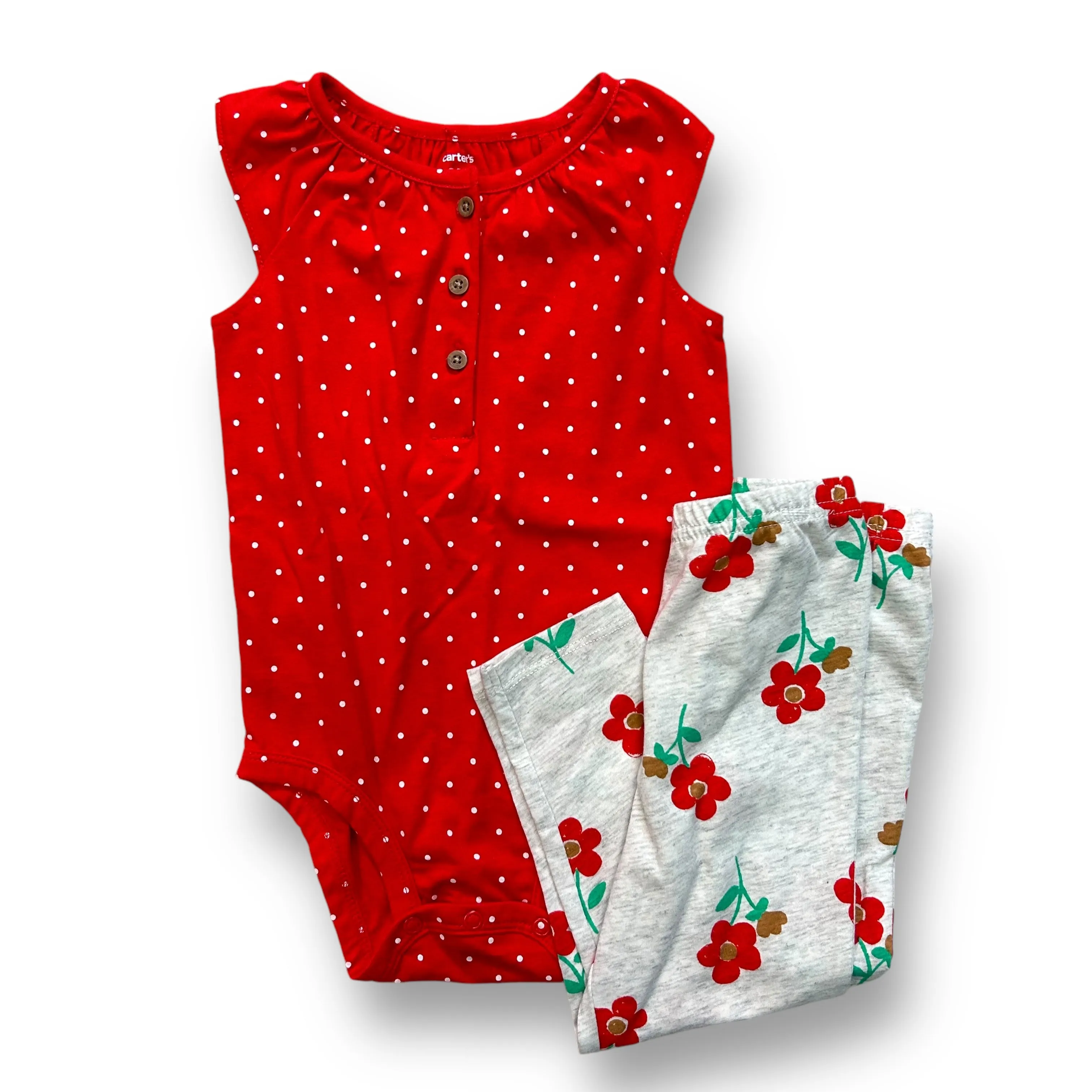 Girls Carter's Size 24 Months Red & Gray Polka Dot Floral Print 2-Pc Outfit