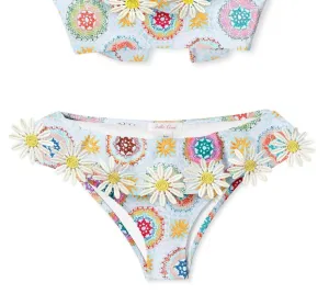 Girls' Crochet Print Ruffle Bikini With Daisy Appliques In Blue