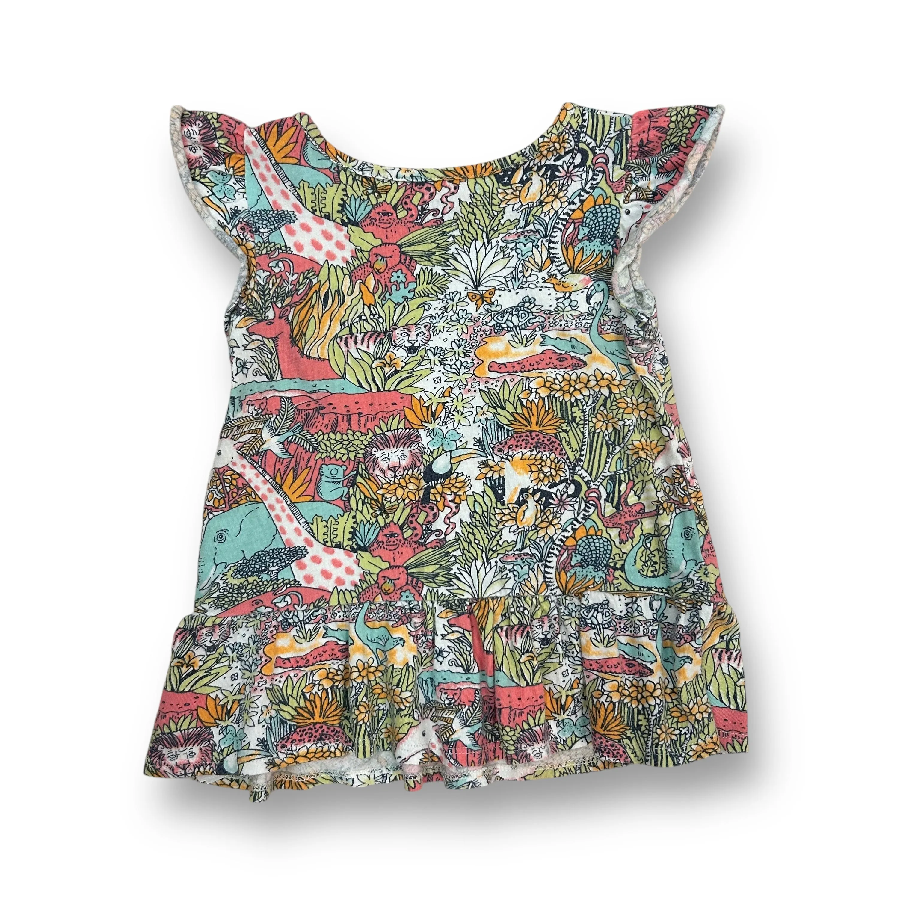 Girls Gap Size 2T Multi-Color Safari Animals Ruffle Bottom Short Sleeve Shirt
