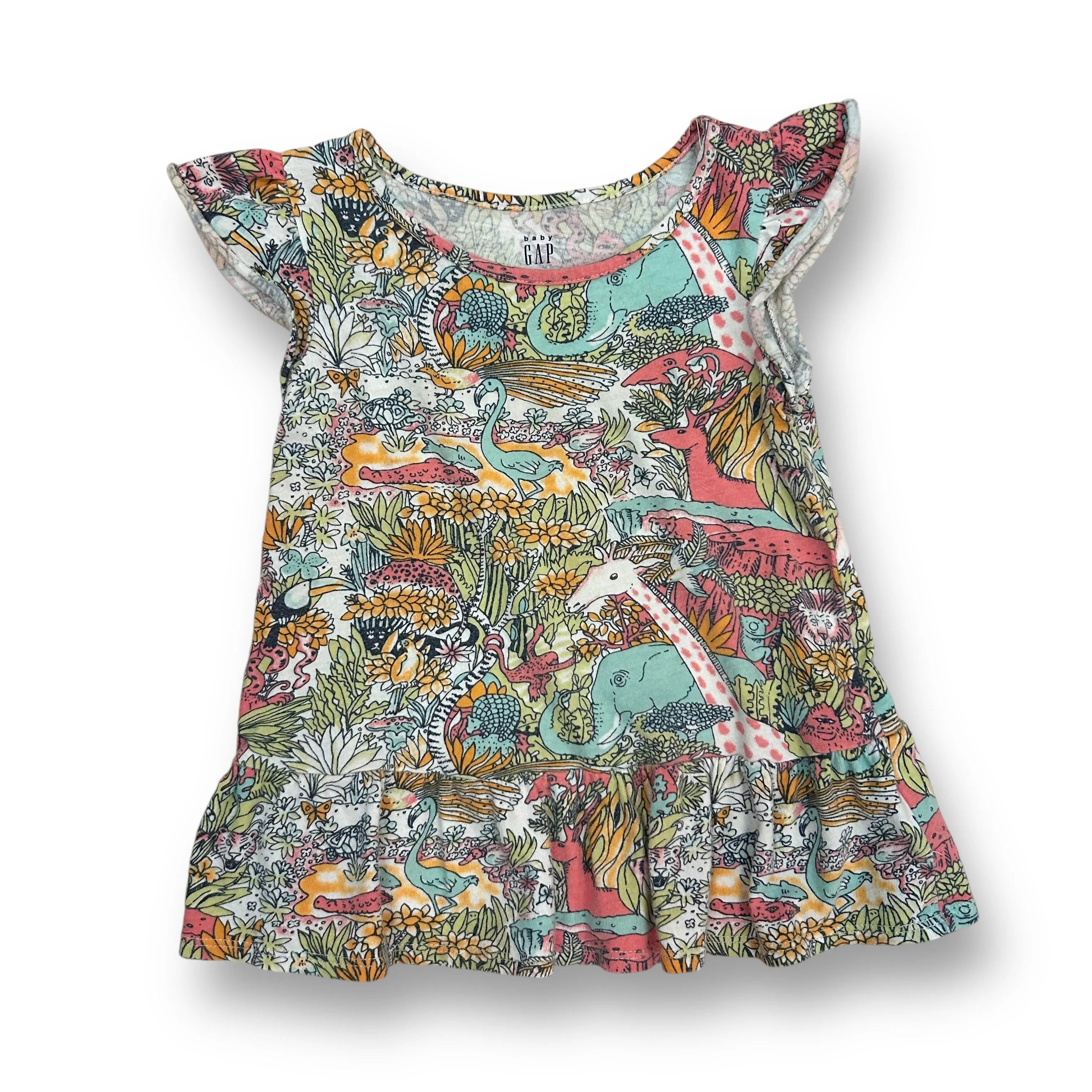 Girls Gap Size 2T Multi-Color Safari Animals Ruffle Bottom Short Sleeve Shirt