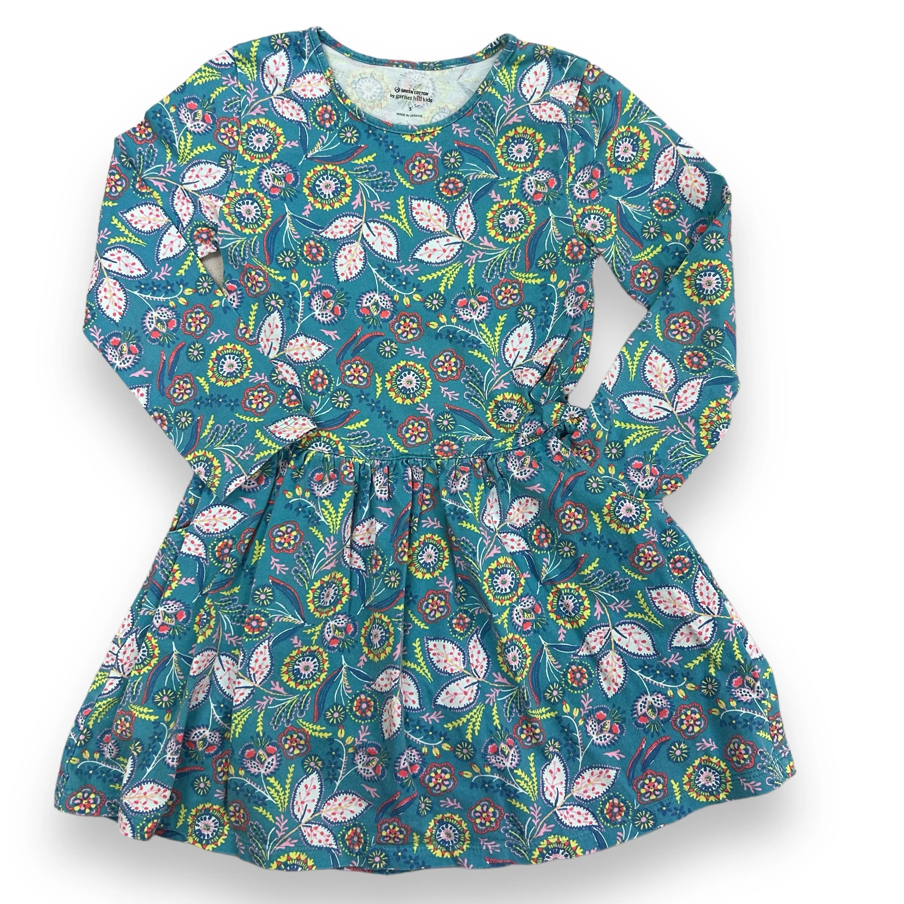 Girls Garnet Hill Size 5/6 S Teal Paisley Print Long Sleeve Dress