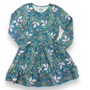 Girls Garnet Hill Size 5/6 S Teal Paisley Print Long Sleeve Dress