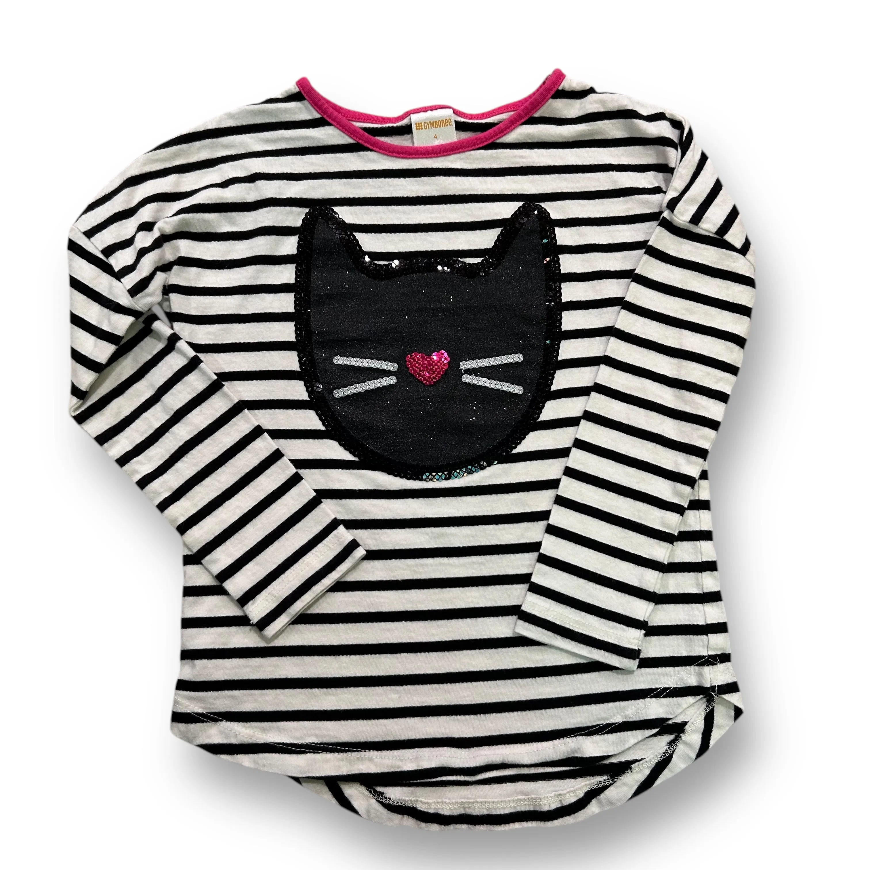 Girls Gymboree Size 4 B&W Striped Long Sleeve Sequin Kitty Shirt