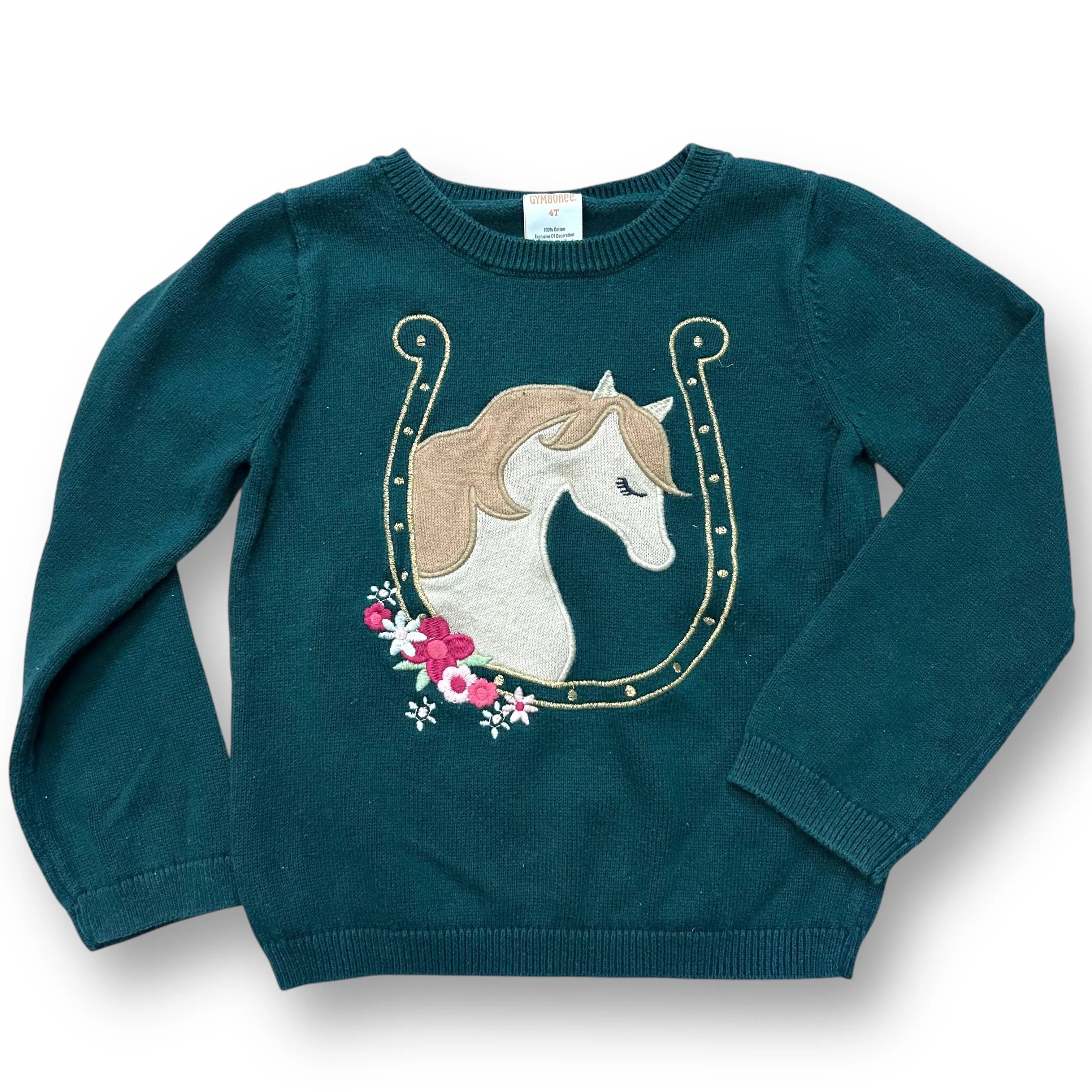Girls Gymboree Size 4T Hunter Green Embroidered Horsey Sweater