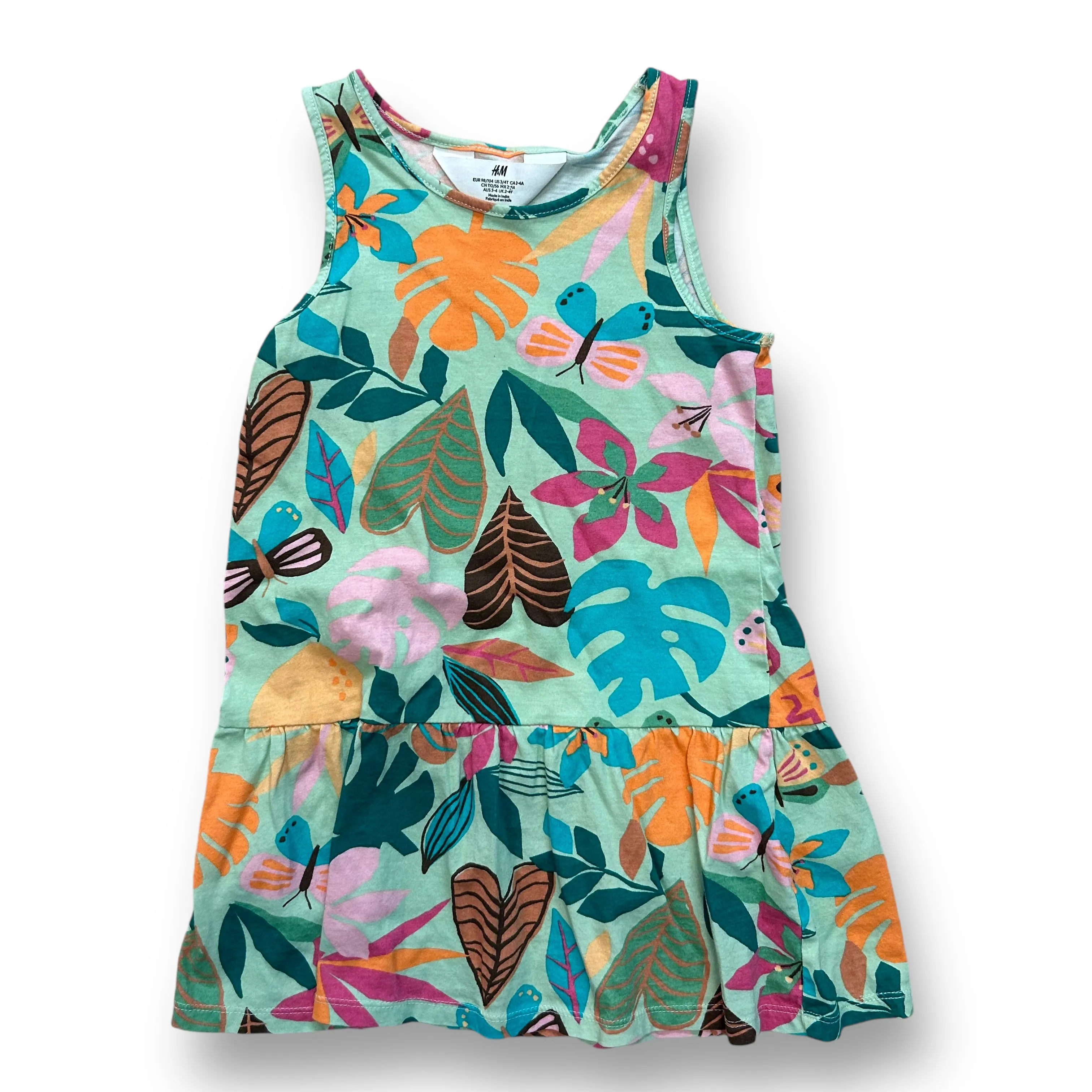 Girls H&M Size 3/4T Green Tropical Print Sleeveless Cotton Dress
