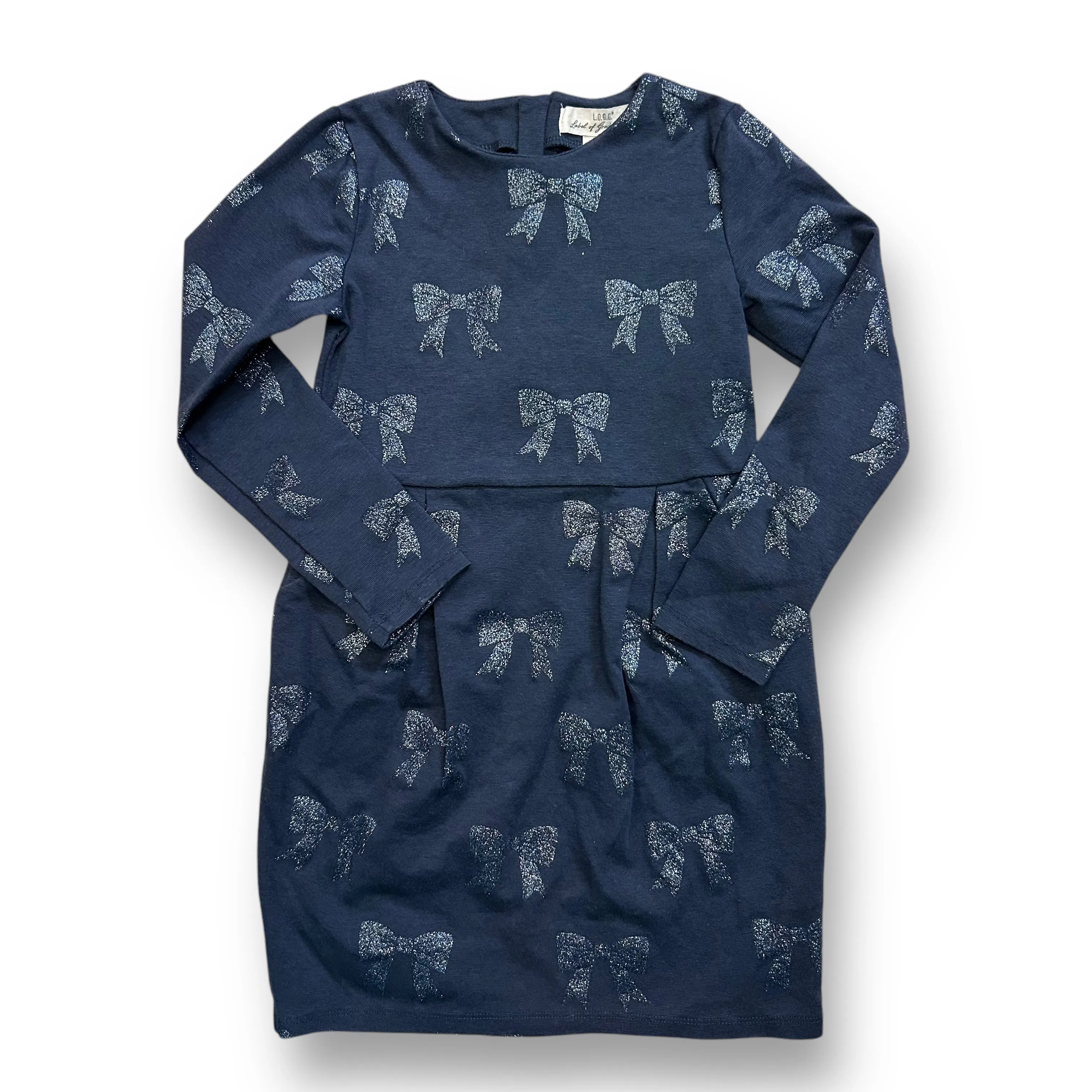 Girls H&M Size 6-8Y Navy Quarter-Zip Shimmer Bows Long Sleeve Dress