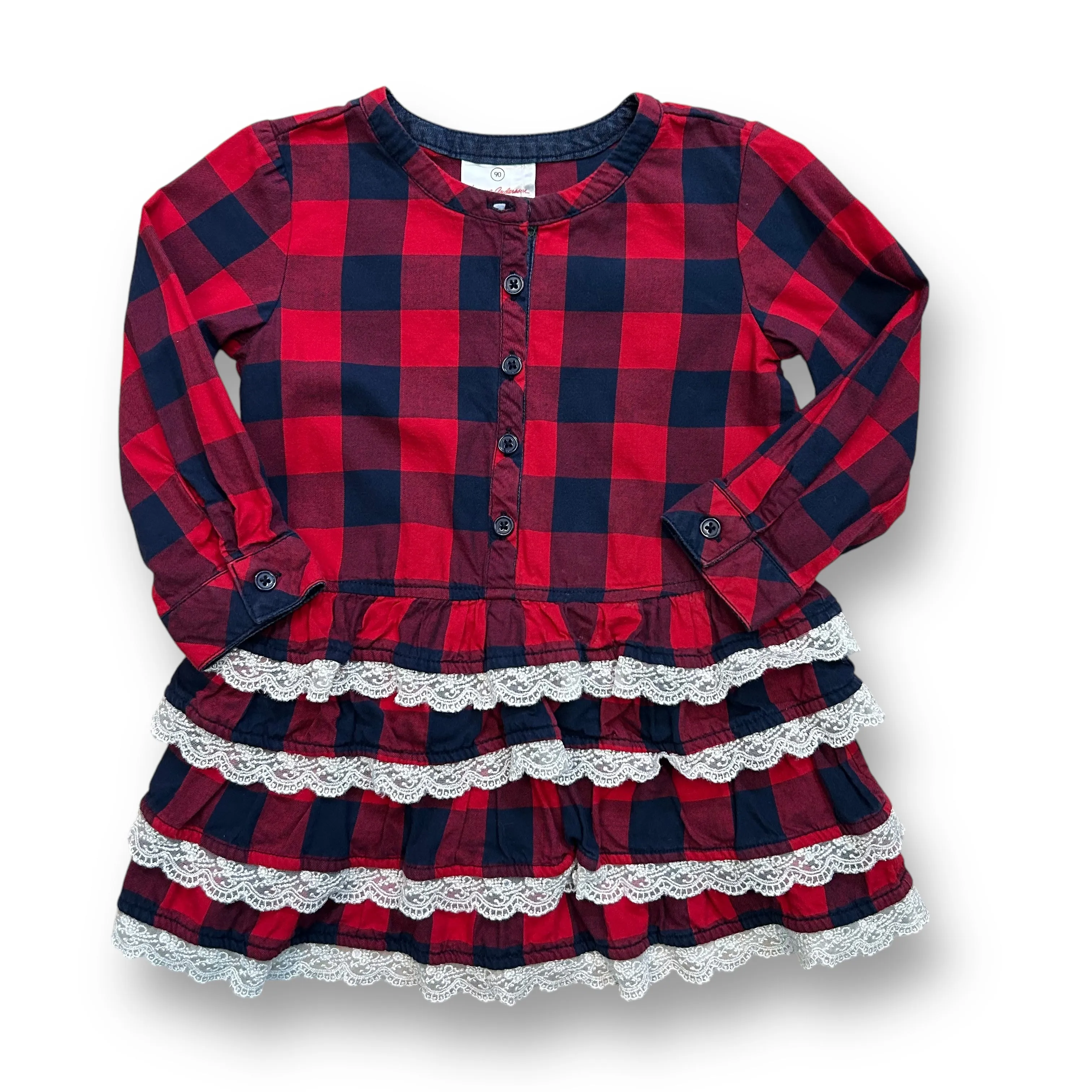 Girls Hanna Andersson Size 3T Lacey Ruffles Long Sleeve Plaid Dress