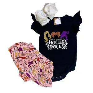 Girl's Hocus Pocus Set Onesie Bloomer In Black, Pink