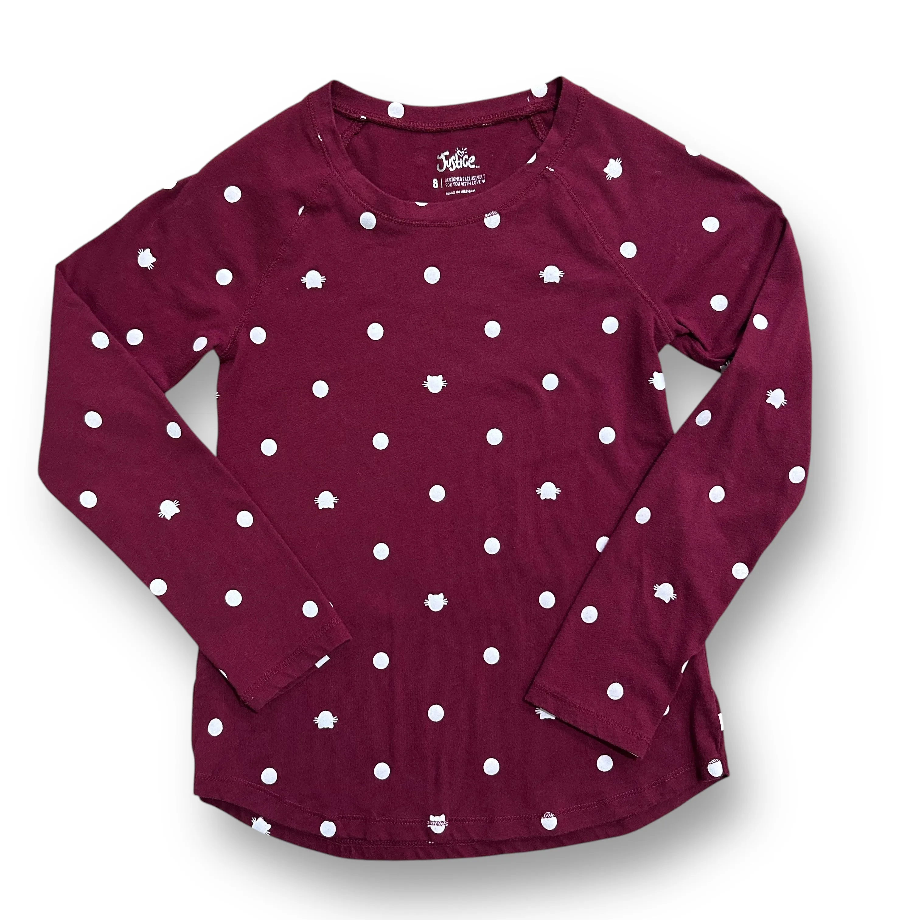 Girls Justice Size 7 Long Sleeve Maroon Kitty Print Top