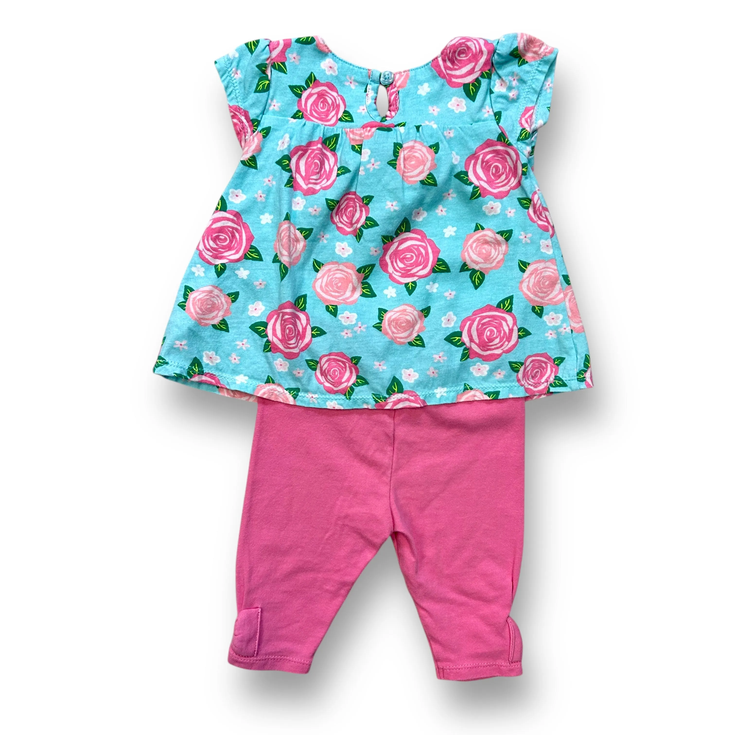 Girls Koala Baby Size 9 Months Pink & Aqua Short Sleeve Floral Print 2-Pc Outfit