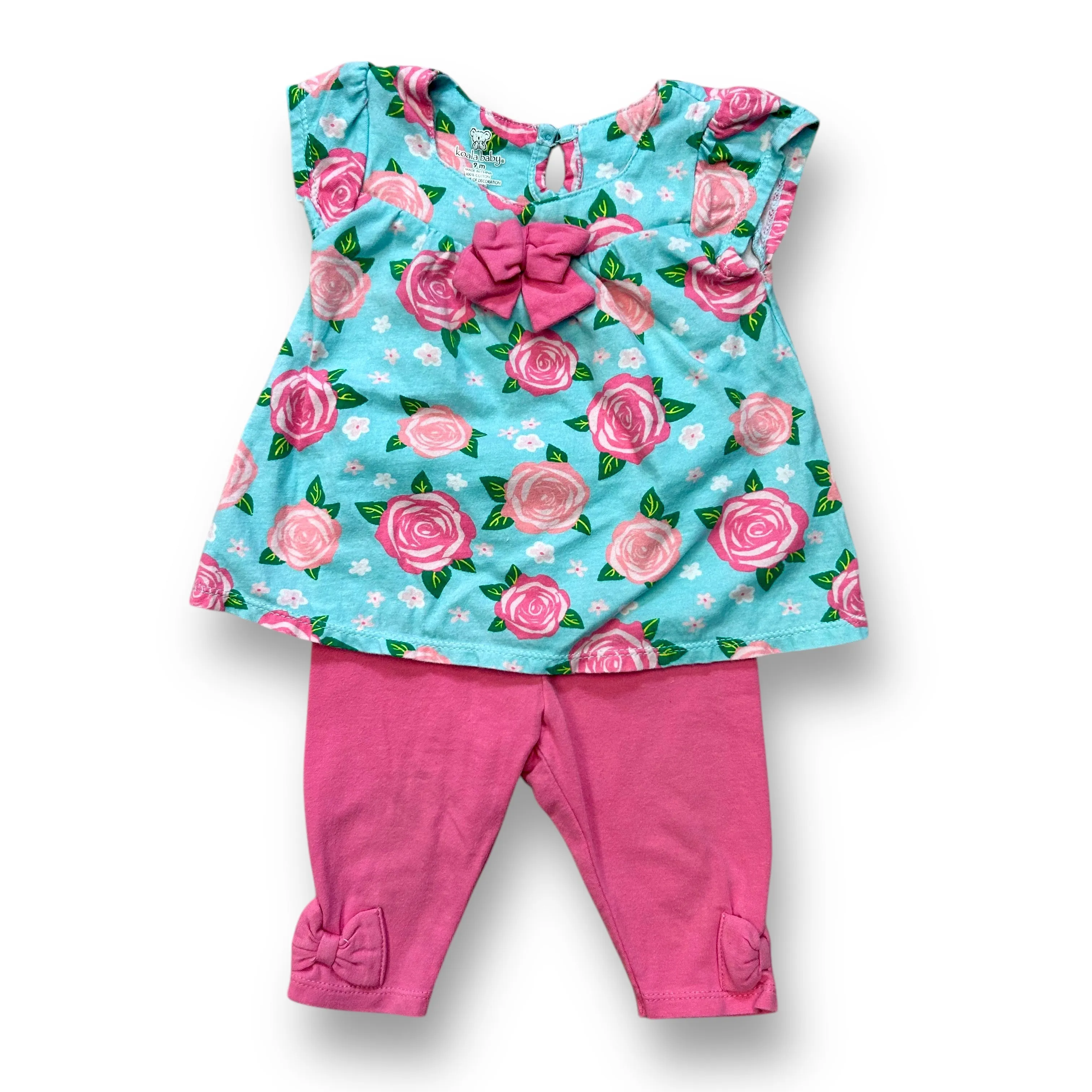 Girls Koala Baby Size 9 Months Pink & Aqua Short Sleeve Floral Print 2-Pc Outfit