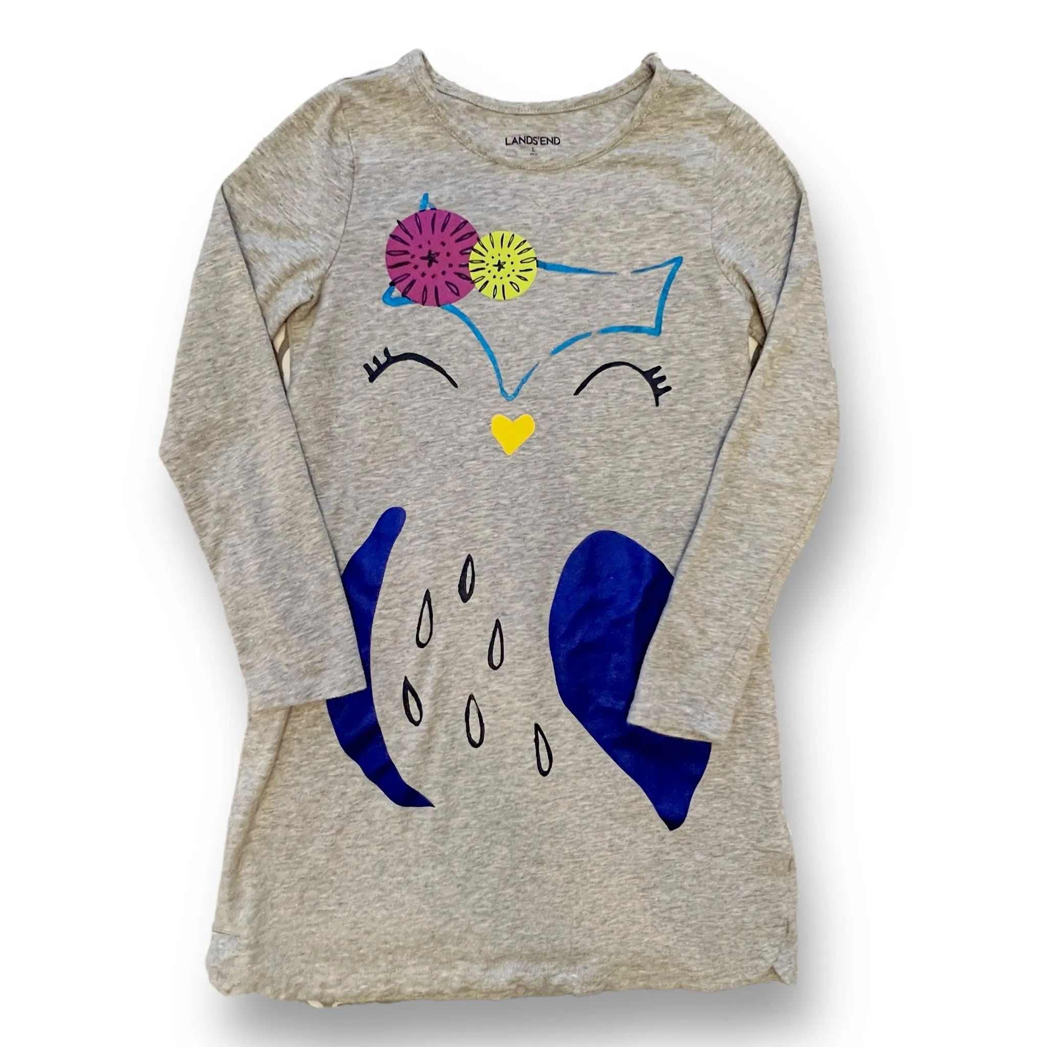 Girls Lands End Size 6X/7 Gray Long Sleeve Owl Dress