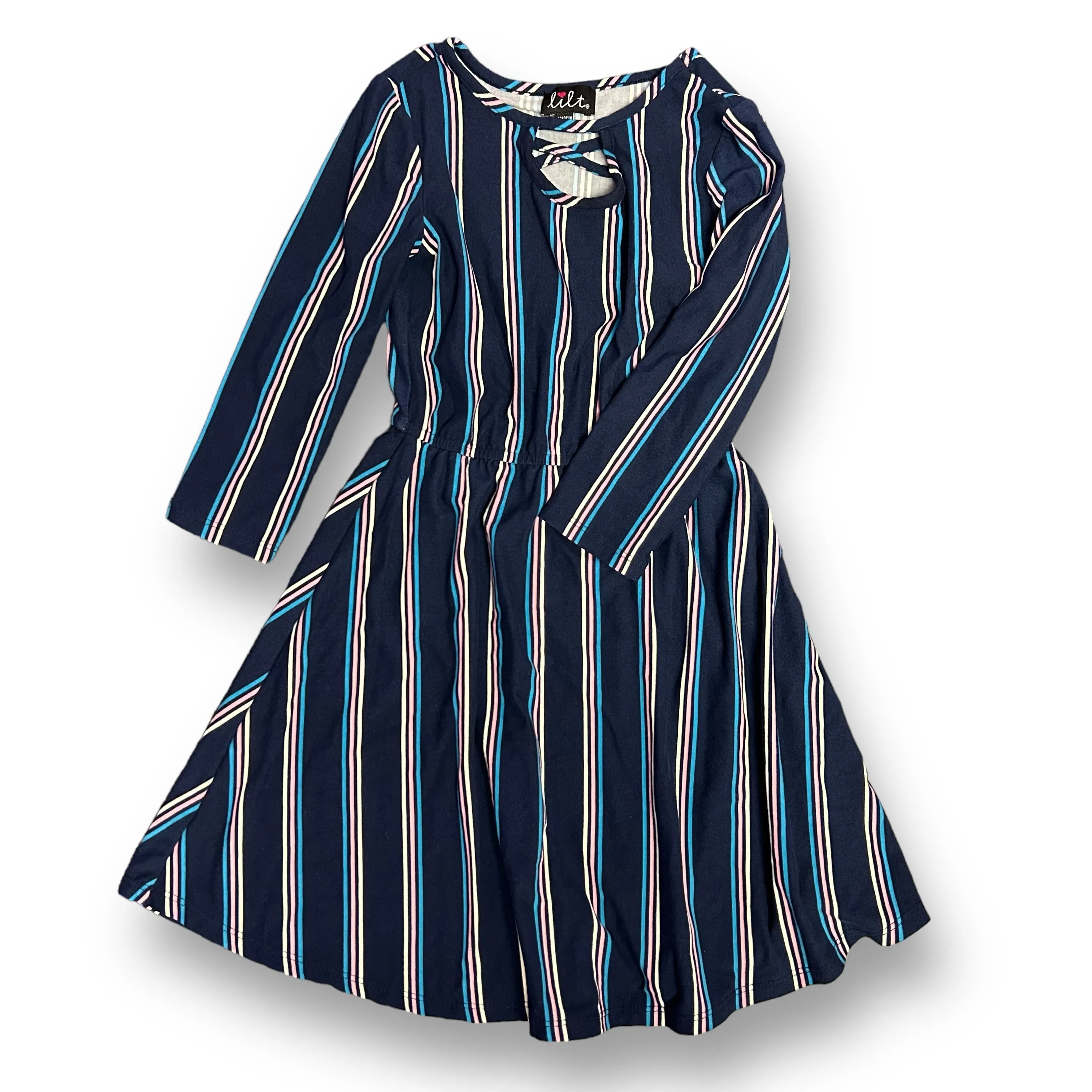 Girls Lilt Size 7 Dark Blue Striped Long Sleeve Twirl Dress