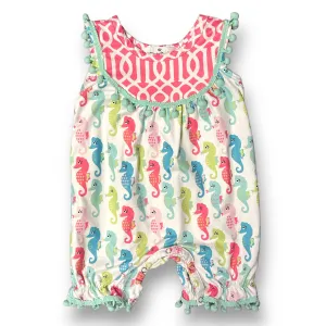 Girls Marie Nicole Size 6-12 Months Aqua & White Sea Horses Sleeveless Romper